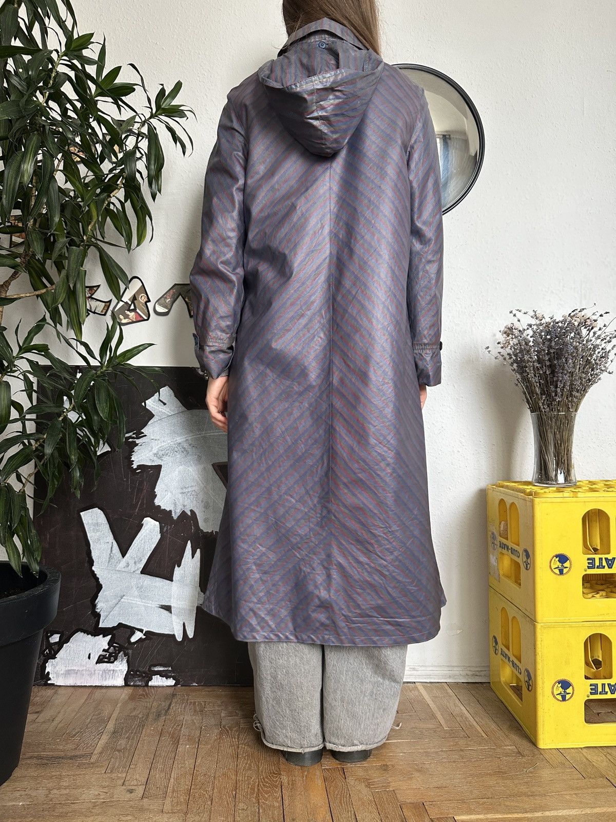 Japanese Brand × Vintage Striped Waterproof Rain Trench Hooded Coat 80s Size XS / US 0-2 / IT 36-38 - 4 Thumbnail