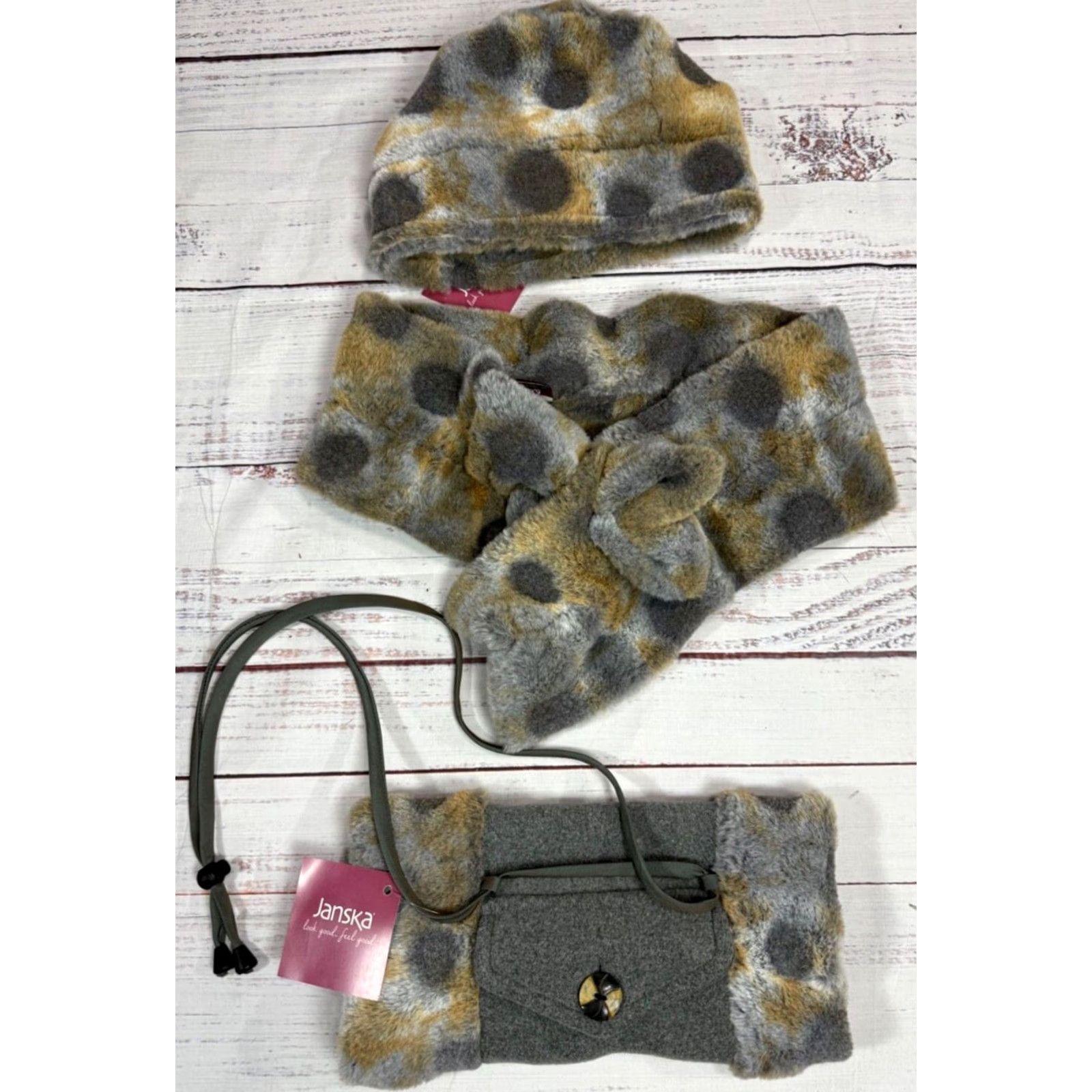 Vintage Janska Womens Hat Scarf Purse Set One Size Faux Fur Gray Spotted New Size ONE SIZE - 2 Thumbnail