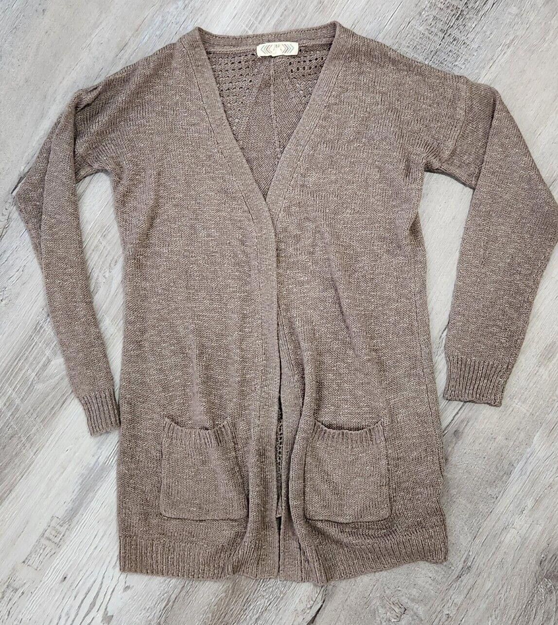 Designer Pink Rose Sweater Large Long Brown Crochet Open Front Size L / US 10 / IT 46 - 6 Thumbnail