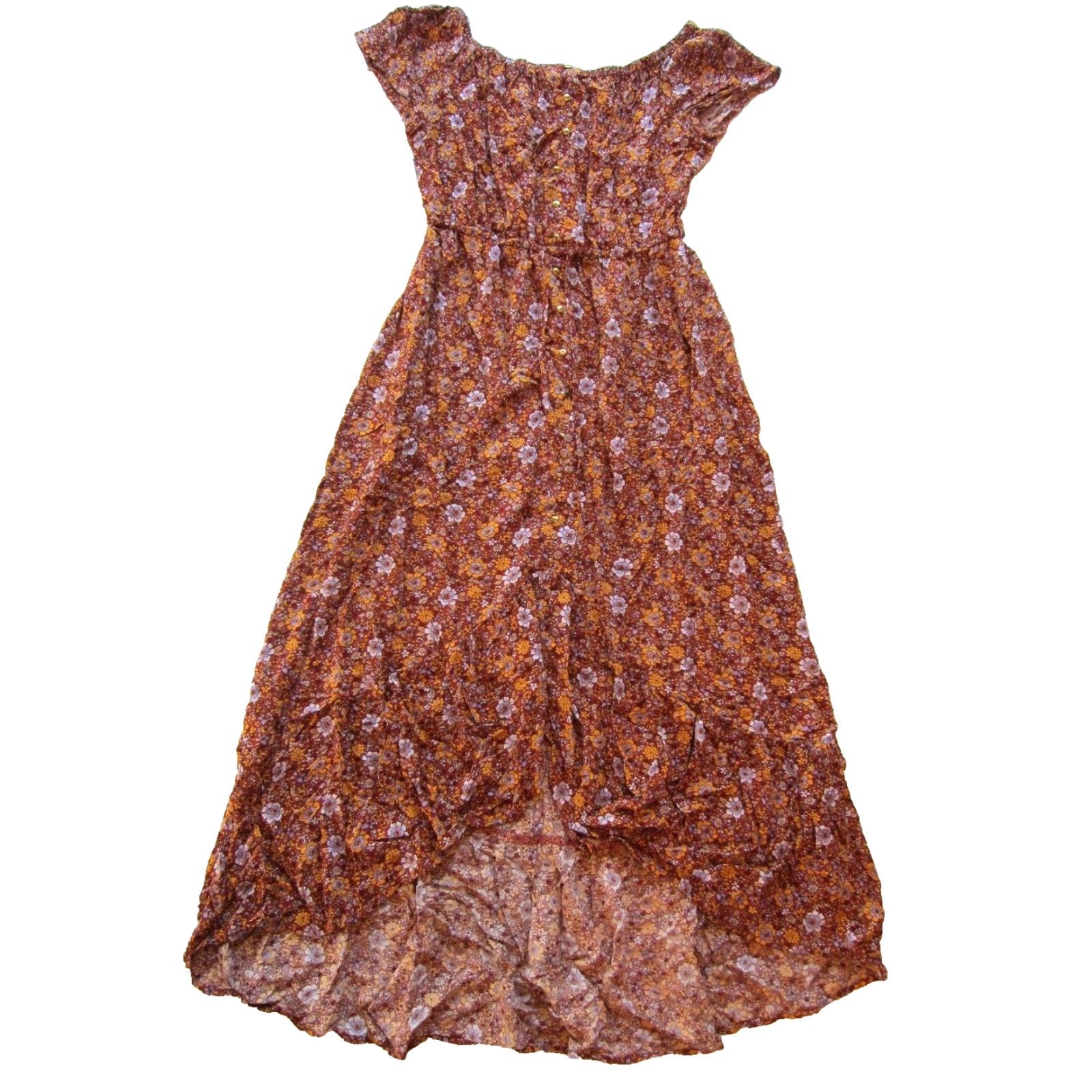 Vintage Indigo Rose Sun Dress Cap Sleeve Maxi Floral Indigo Rose Brown Purple Small 36" front hem 42" shoulder to bottom hem long Women Size S / US 4 / IT 40 - 2 Thumbnail