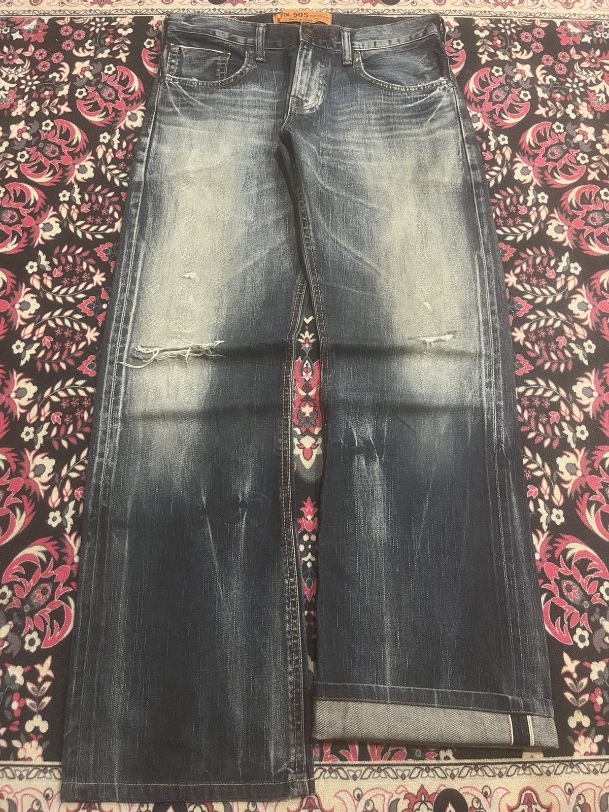 Vintage Edwin 505 Dark Faded Ripped Buckle Back Selvedge Flare Jeans Size US 30 / EU 46 - 1 Thumbnail