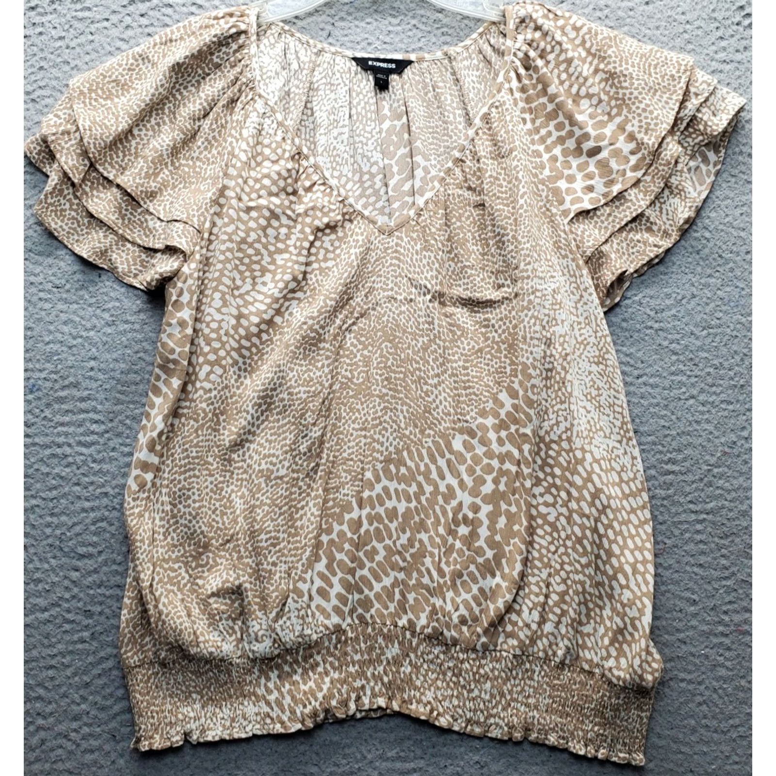 Express Express Blouse Women Size L Multi Animal Print Flutter Sleeve V-Neck Smocked Hem Size L / US 10 / IT 46 - 2 Thumbnail
