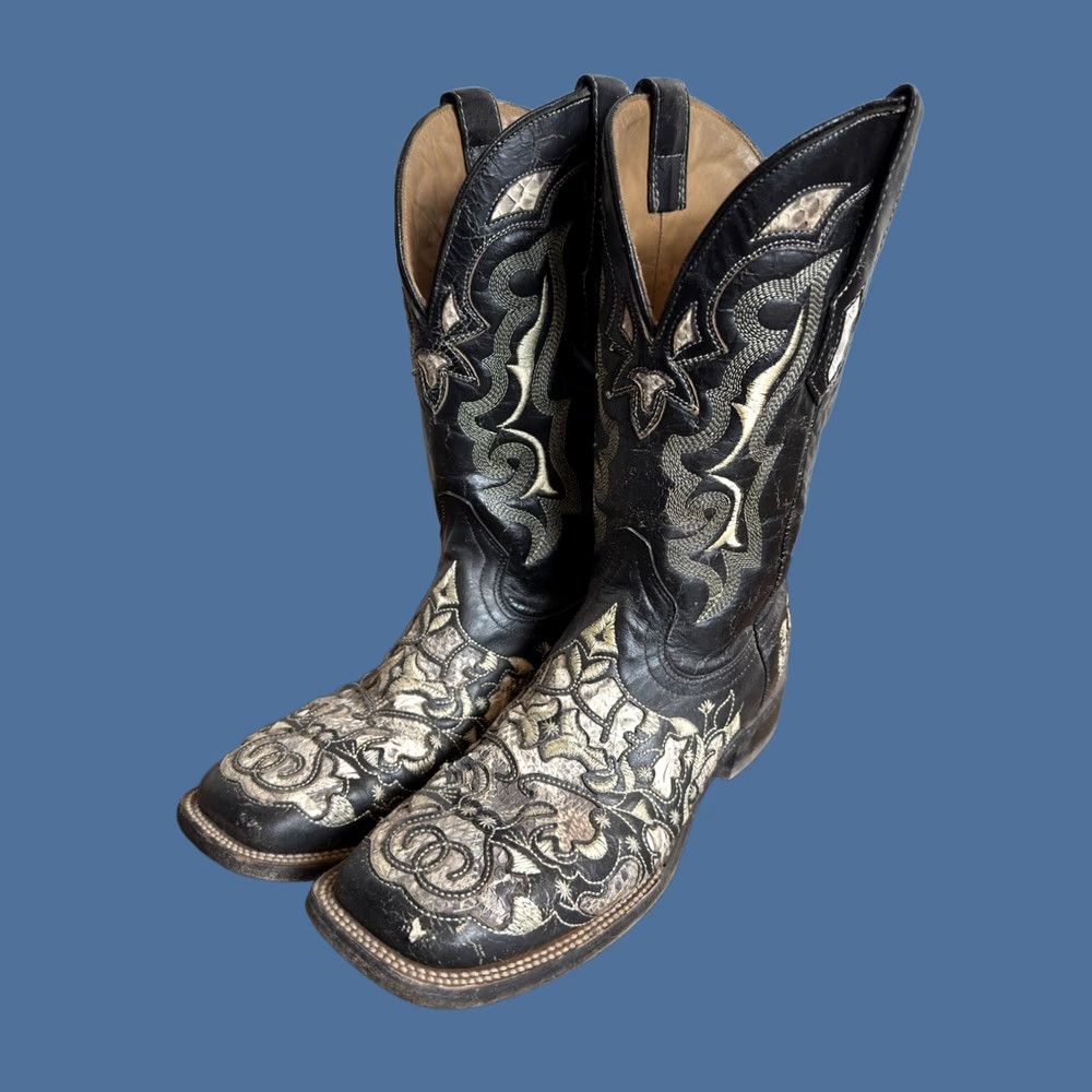 Skin Corral Exotic Python Skin Inlay Western Boot Square Toe Black US 8.5D Mens Leather western Cowboy Boot Size US 9 / EU 42 - 1 Thumbnail