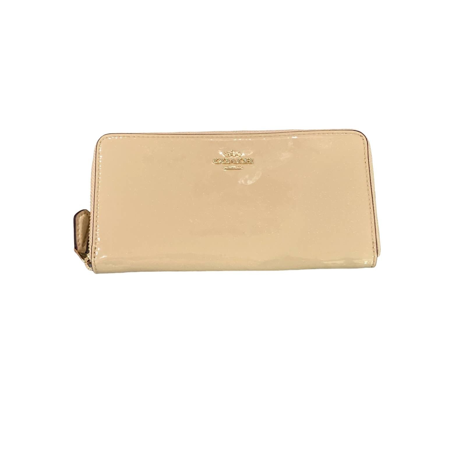 image of Coach Boxed Patent Leather Accordion Zip Around Wallet in Cream, Women's