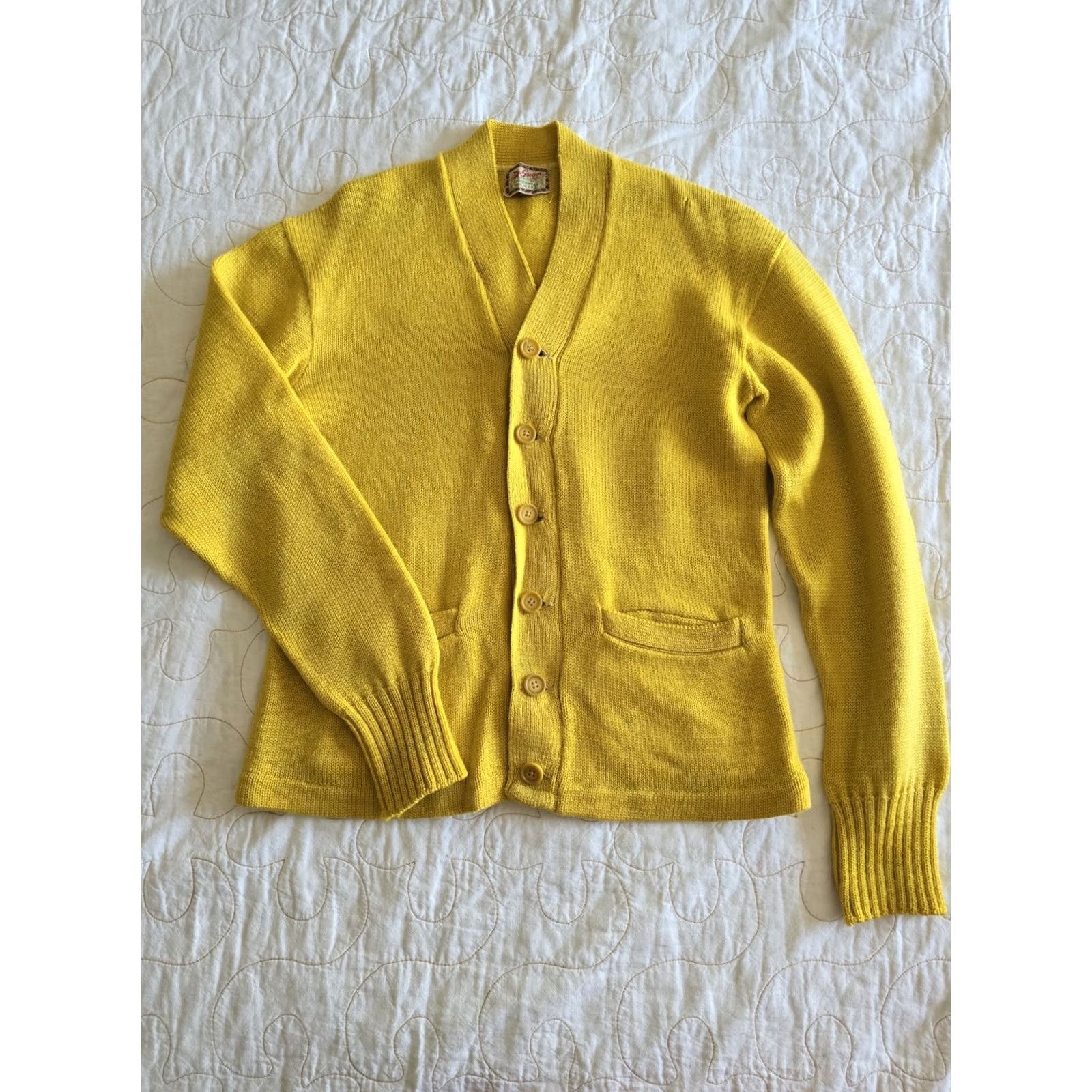 McGregor VINTAGE McGregor Cardigan Sweater Yellow Wool Pockets Long Sleeve Mens Small Small/Medium 40s 50s Practical Casual Mens Size US S / EU 44-46 / 1 - 4 Thumbnail
