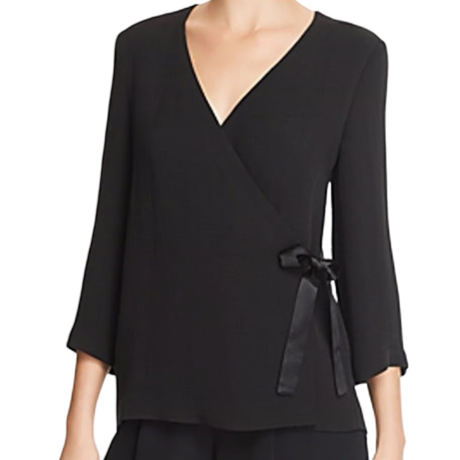 Eileen Fisher Black Silk Blend Kimono 3/4 Sleeve Wrap Top L