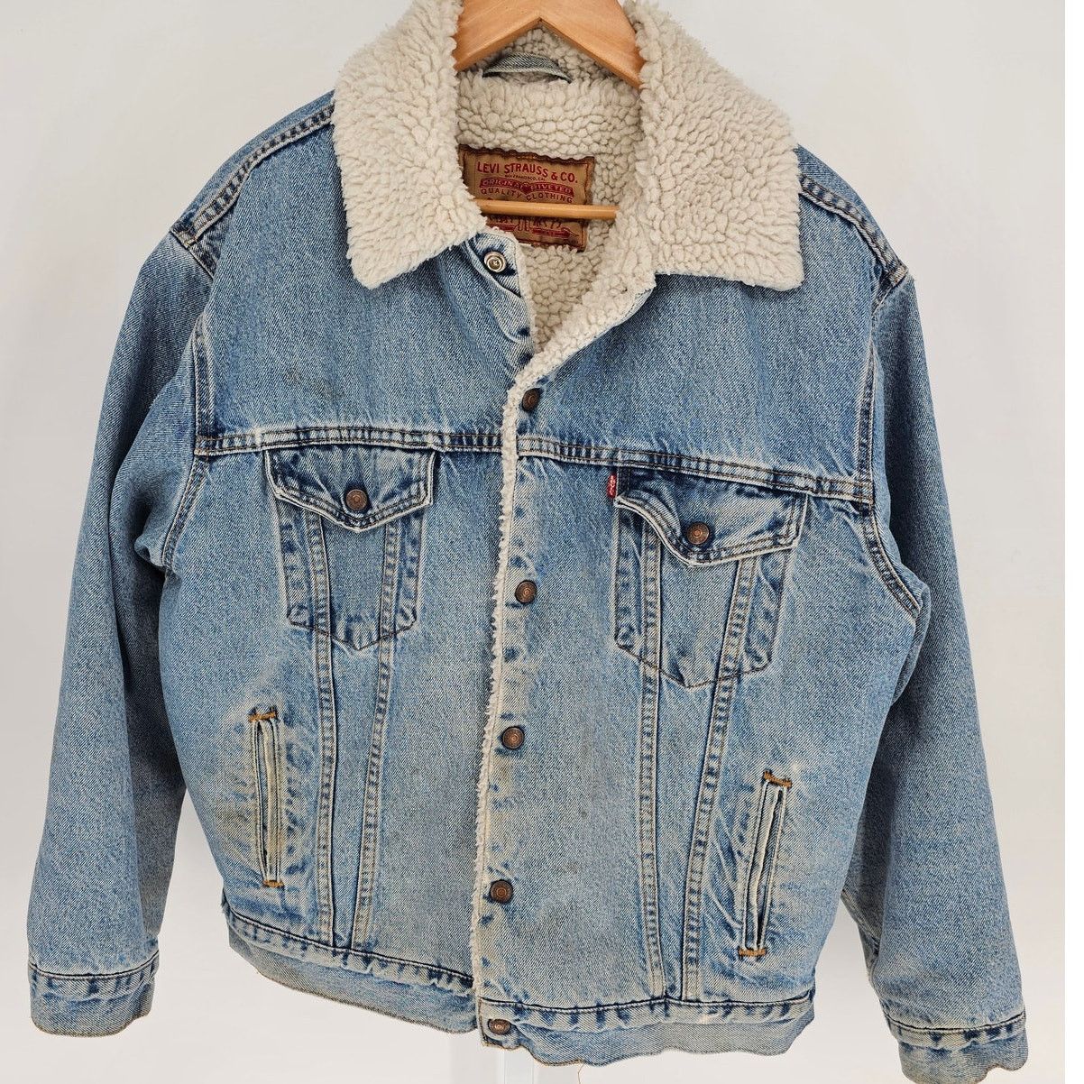 Levi's 90s Levis Jacket Mens M Blue Denim Trucker Sherpa Lined USA Size US M / EU 48-50 / 2 - 1 Thumbnail