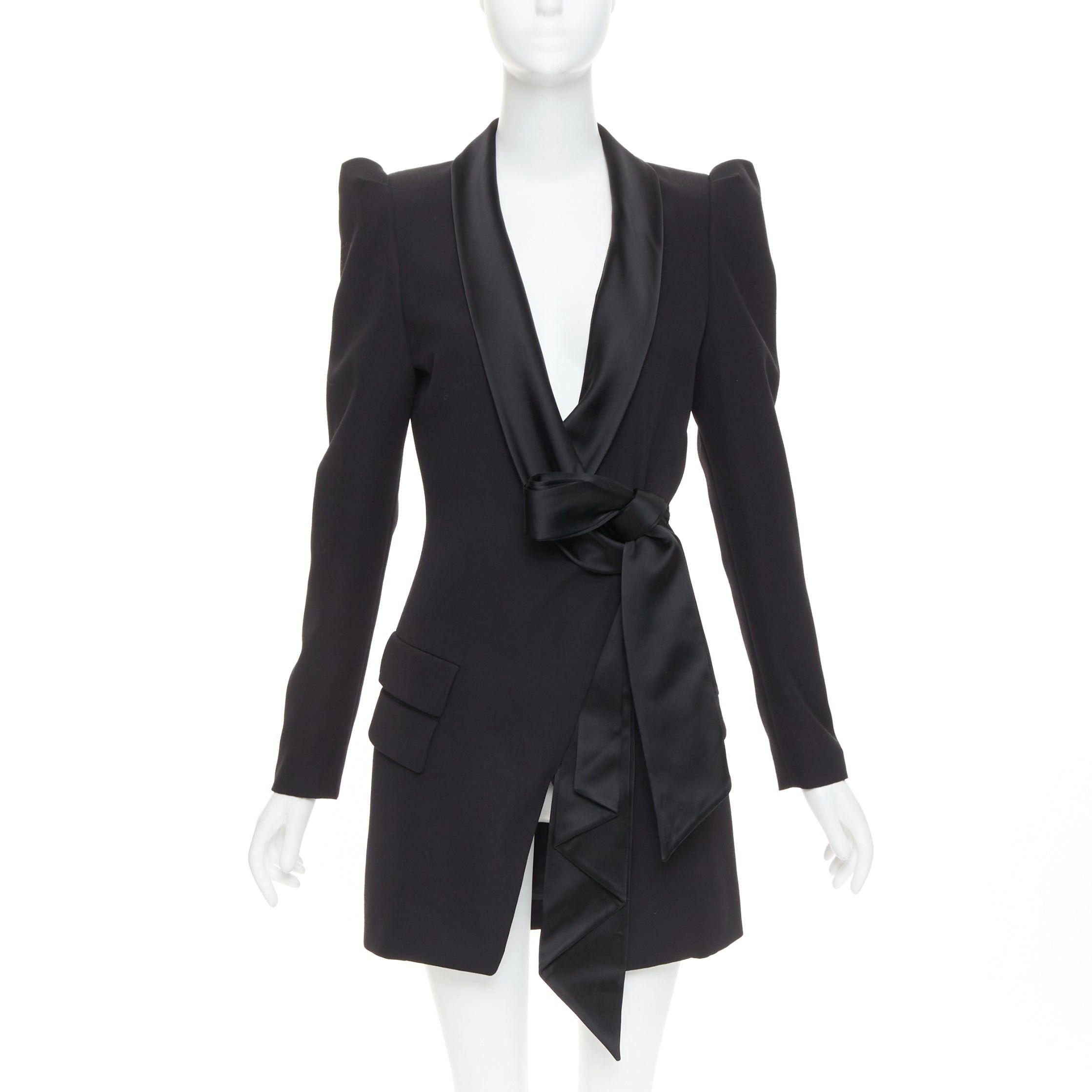 Alexandre Vauthier ALEXANDRE VAUTHIER COUTURE SS2018 Runway black wool pagoda shoulder satin tie blazer dress FR36 S Size S / US 4 / IT 40 - 1 Thumbnail
