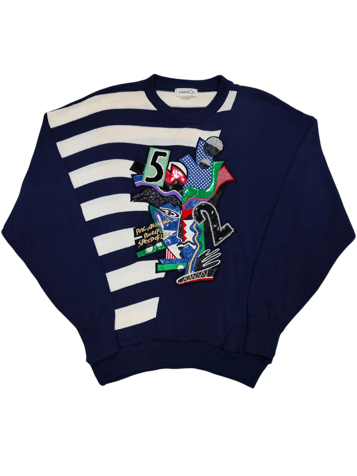 Kansai Yamamoto 80s Kansai O2-Archive Asymmetric Stripe Applique Knit Sweate Size US L / EU 52-54 / 3 - 2 Thumbnail