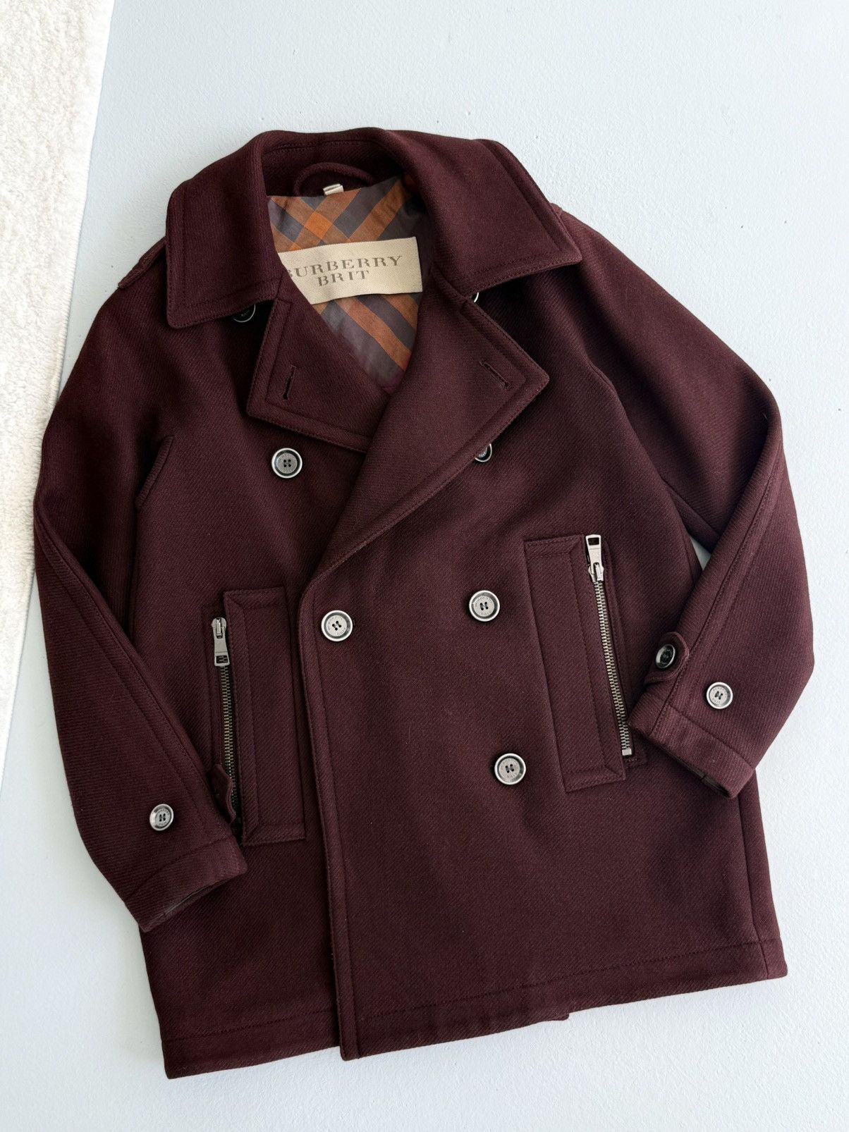 Burberry Burberry Brit Burgundy Wool Peacoat Double Breasted Coat Size S / US 4 / IT 40 - 1 Thumbnail