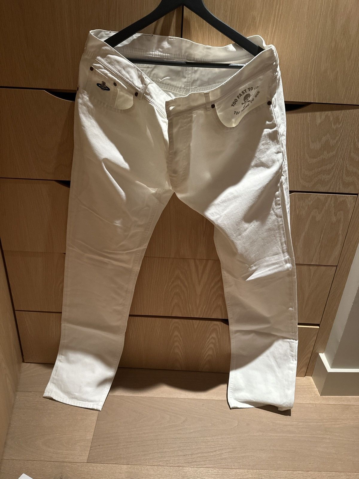 Viv Westwood man ‘Too fast to live….’ White pants