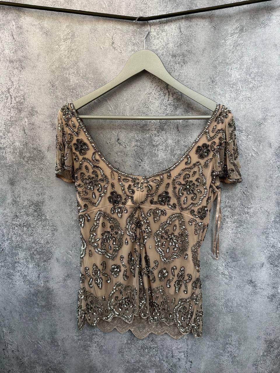 Vintage Pisarro Nights Beaded Short Sleeve Top Silver Elegant Size M / US 6-8 / IT 42-44 - 3 Thumbnail
