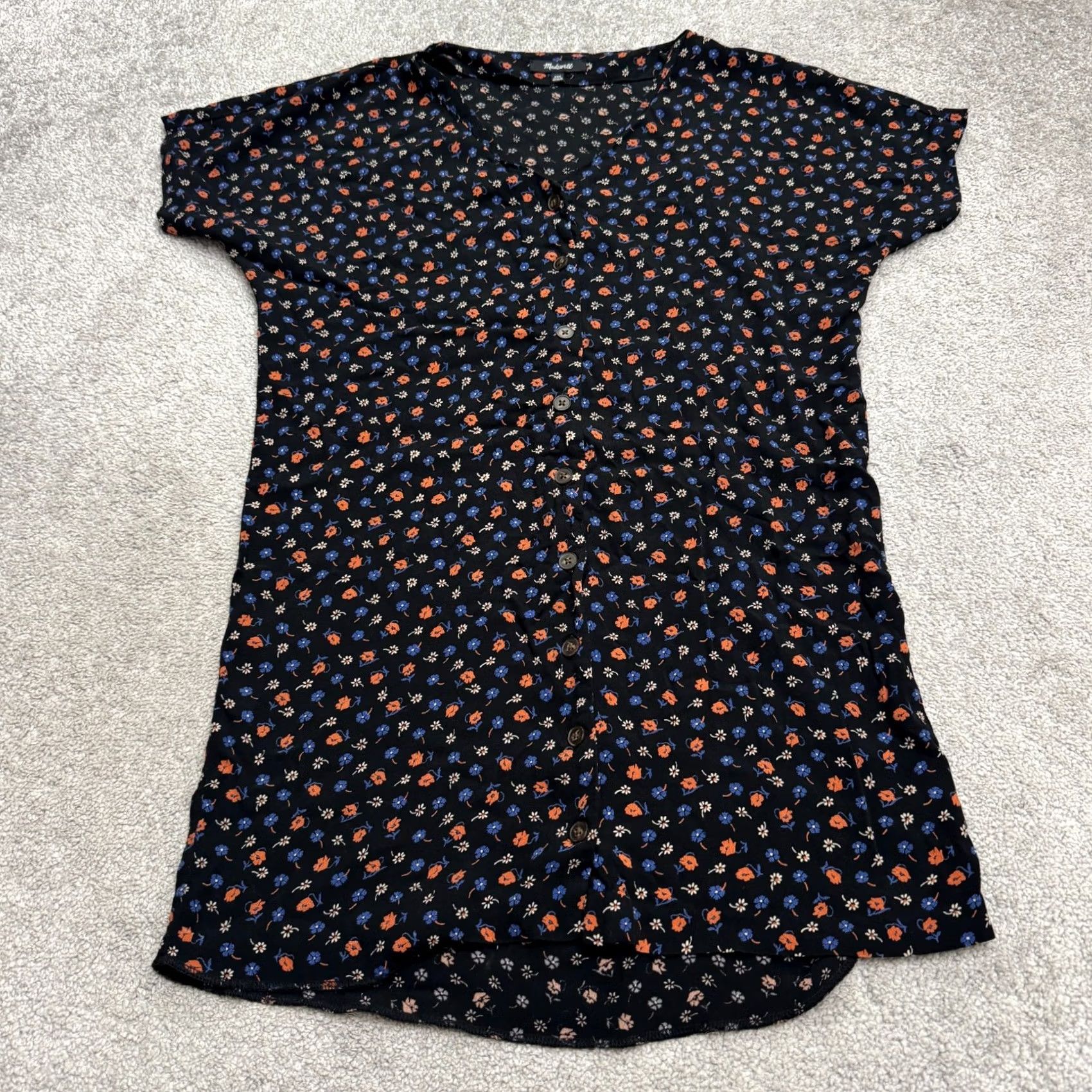 Madewell Madewell Mini Dress Womens XXS Black Floral Short Sleeve Button Down Casual Sundress Size 26" / US 2 / IT 38 - 3 Thumbnail