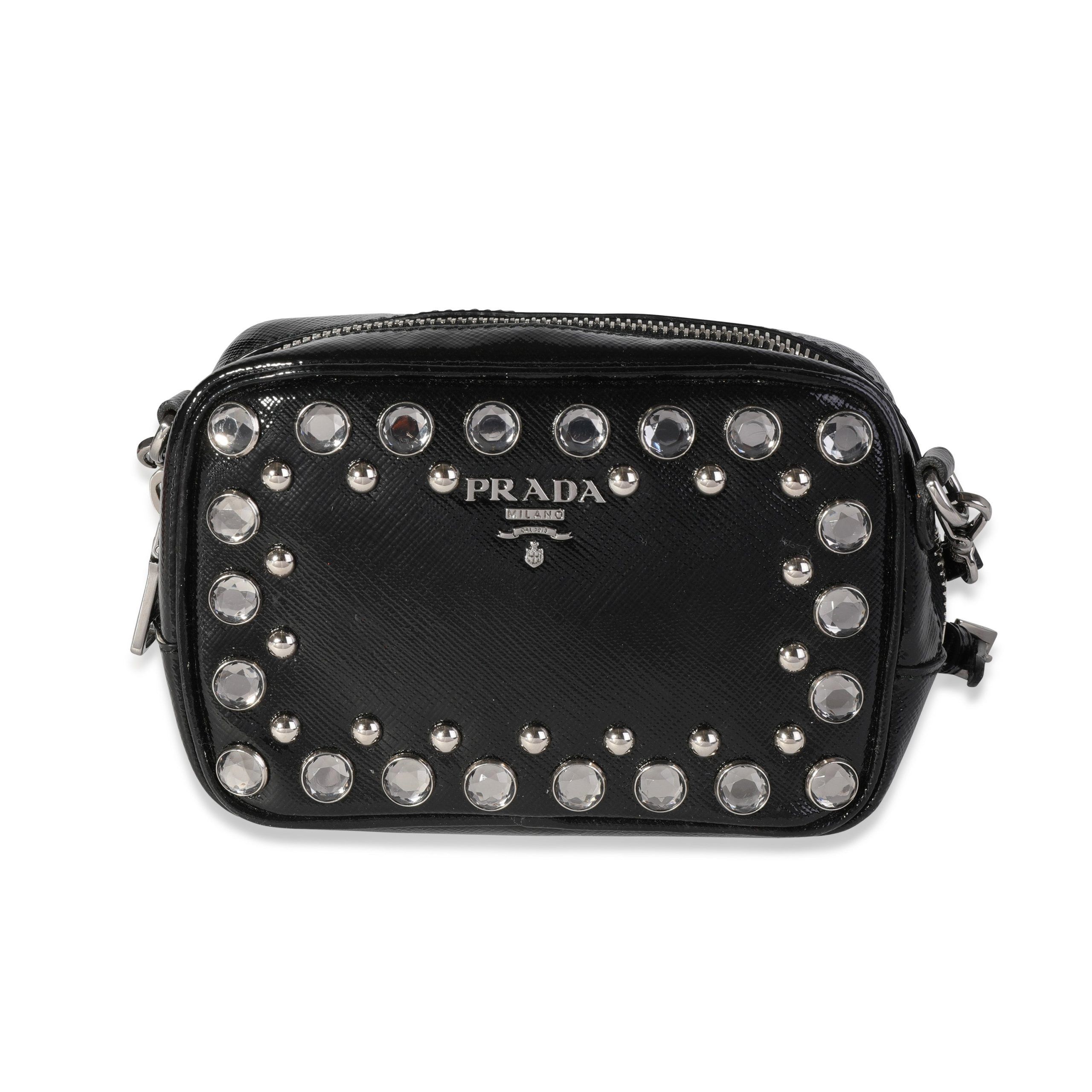 image of Prada Black Crystal-Embellished Patent Saffiano Leather Mini Camera Bag, Women's