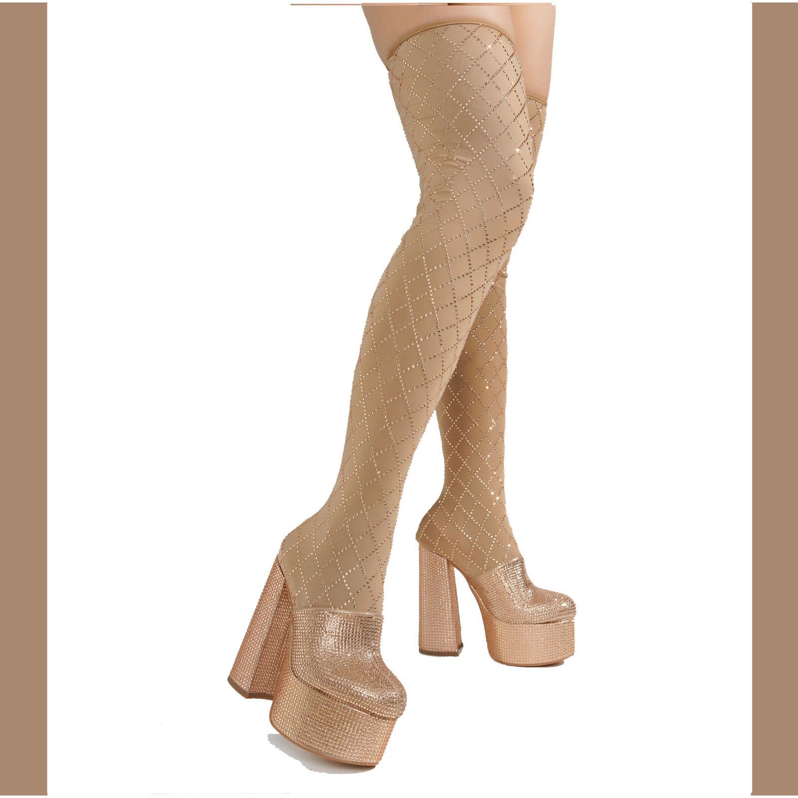 Other Diamonds Rose Gold Rhinestone Stretch Thigh High Chunky Heel Size US 6.5 / IT 36.5 - 3 Thumbnail