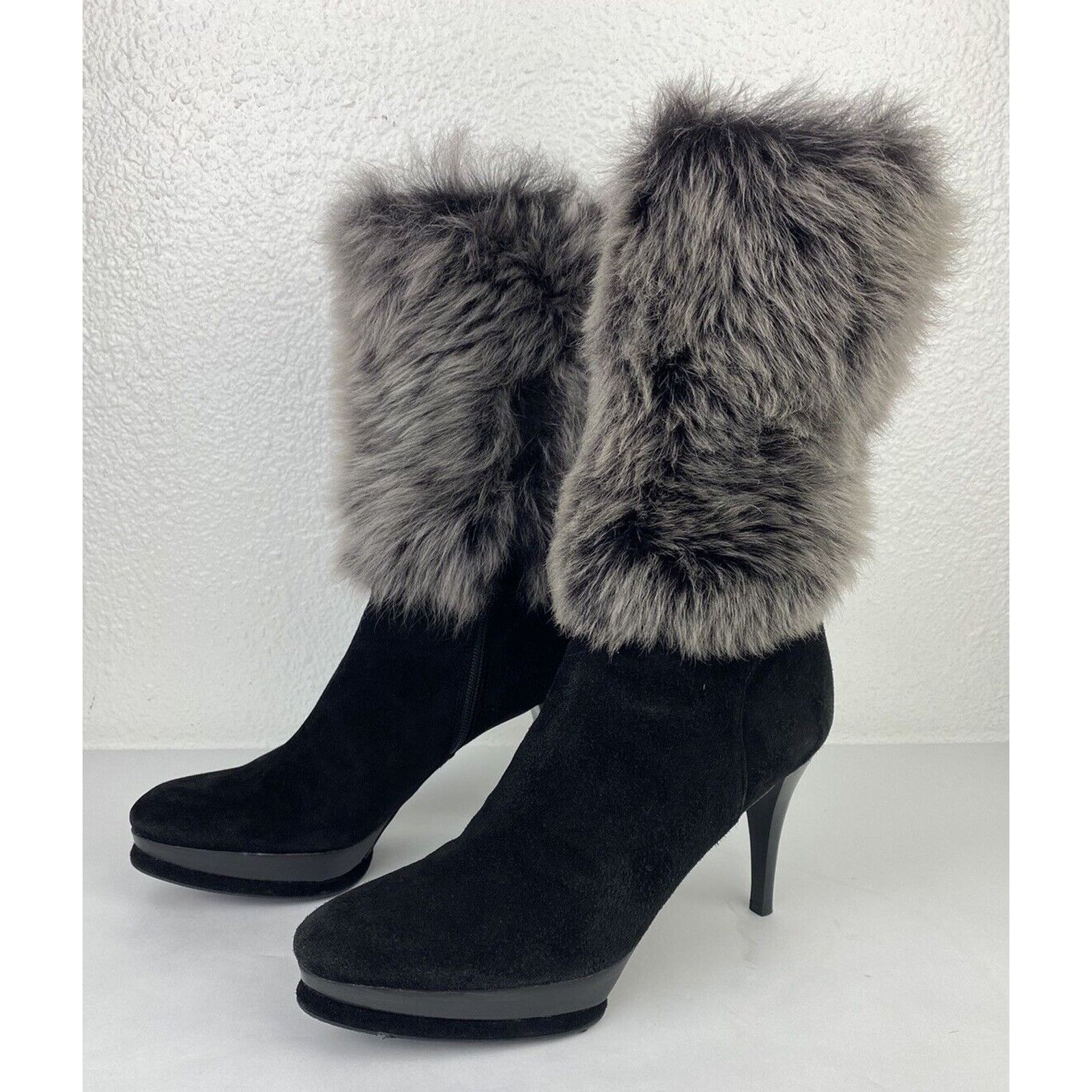 Stuart Weitzman Stuart Weitzman Yetala Suede Fur Heel Platform Boots Black Size US 8.5 / IT 38.5 - 1 Thumbnail