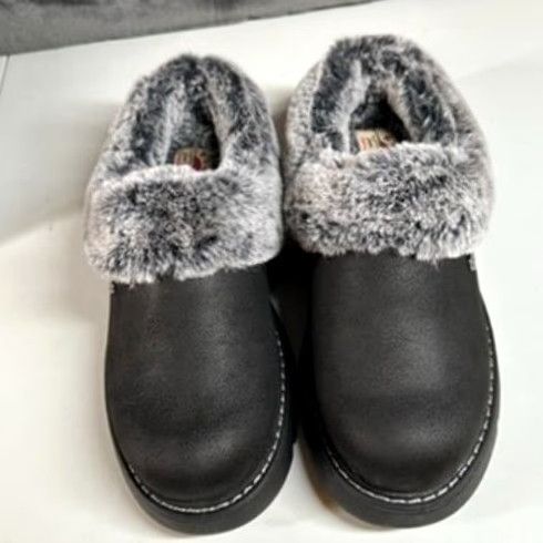 SKECHERS Skechers BOBS Slippers Womens 6 Black Faux Fur Trim Memory Foam Platform Slip On Cozy Warm Comfort Size ONE SIZE - 3 Thumbnail