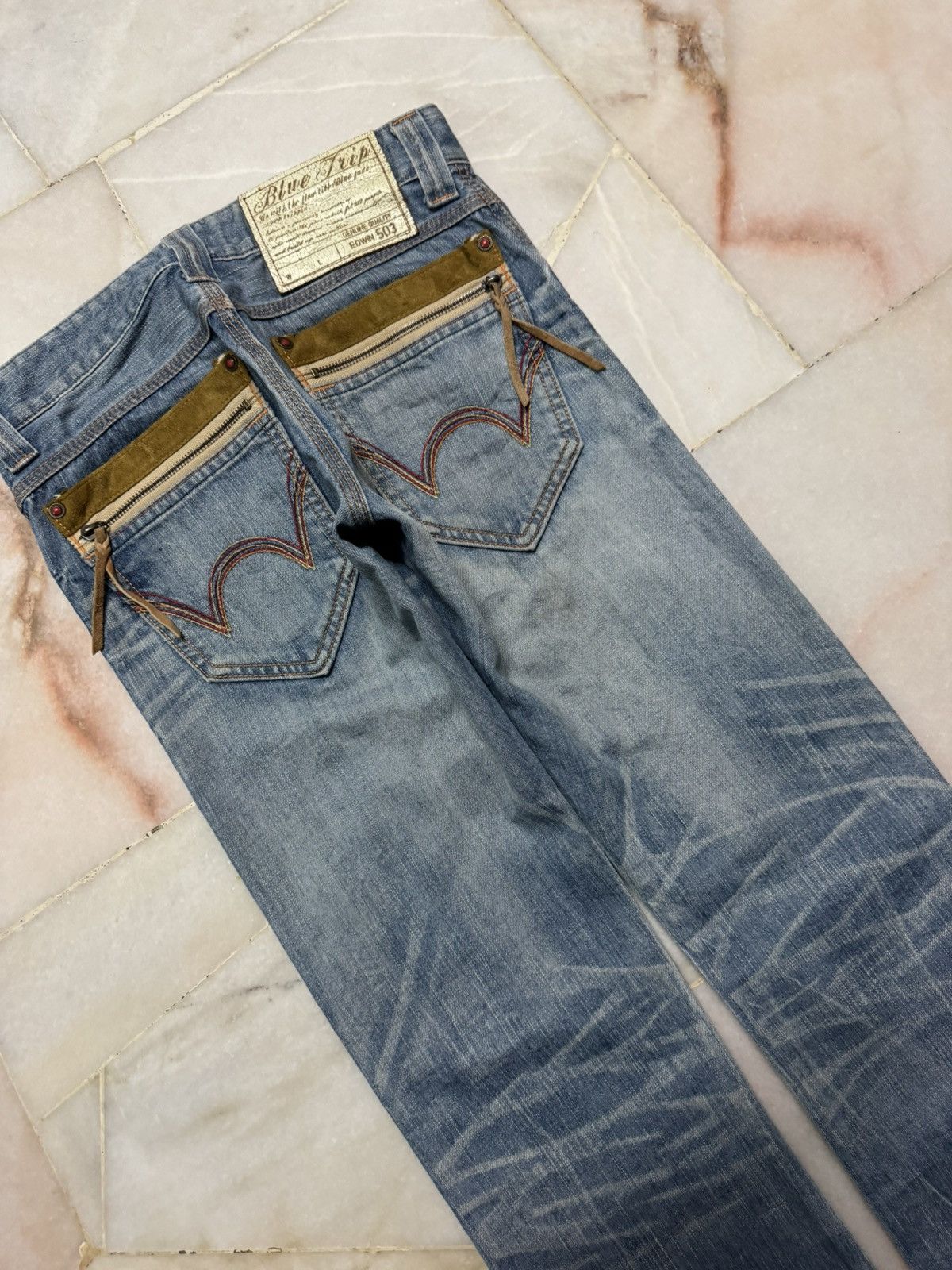 Edwin ⚡️FLARED⚡️VINTAGE EDWIN BLUE TRIP 503 RARE HONEYCOMB MUDPUNK Size US 29 - 16 Thumbnail