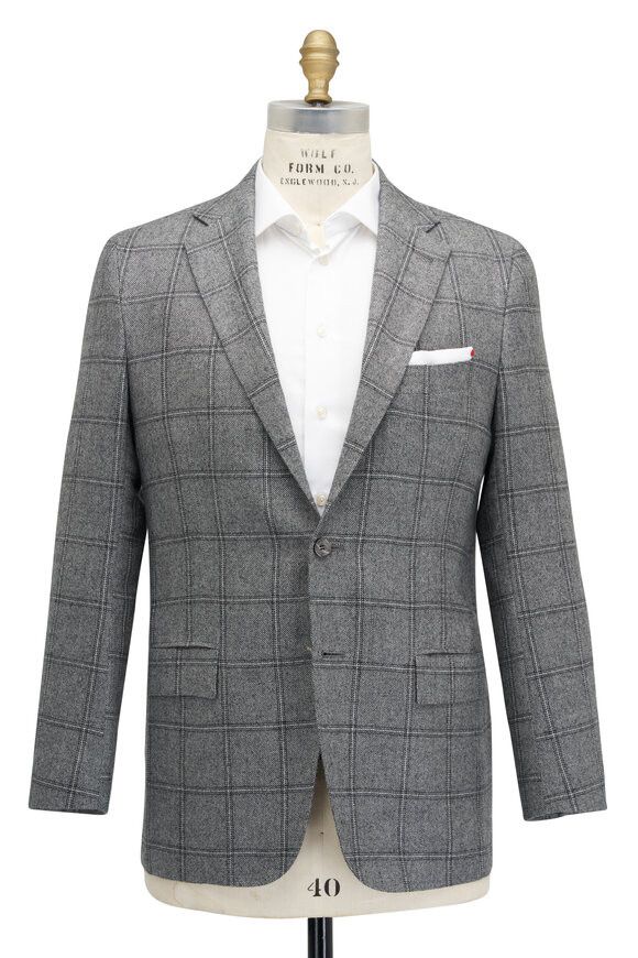 Kiton o1mtch0225 Windowpane Cashmere Sportcoat in Grey Size US XL / EU 56 / 4 - 1 Thumbnail