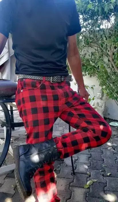 Men Red Plaid Printed Pants Fashion Slim Stretch Jeans