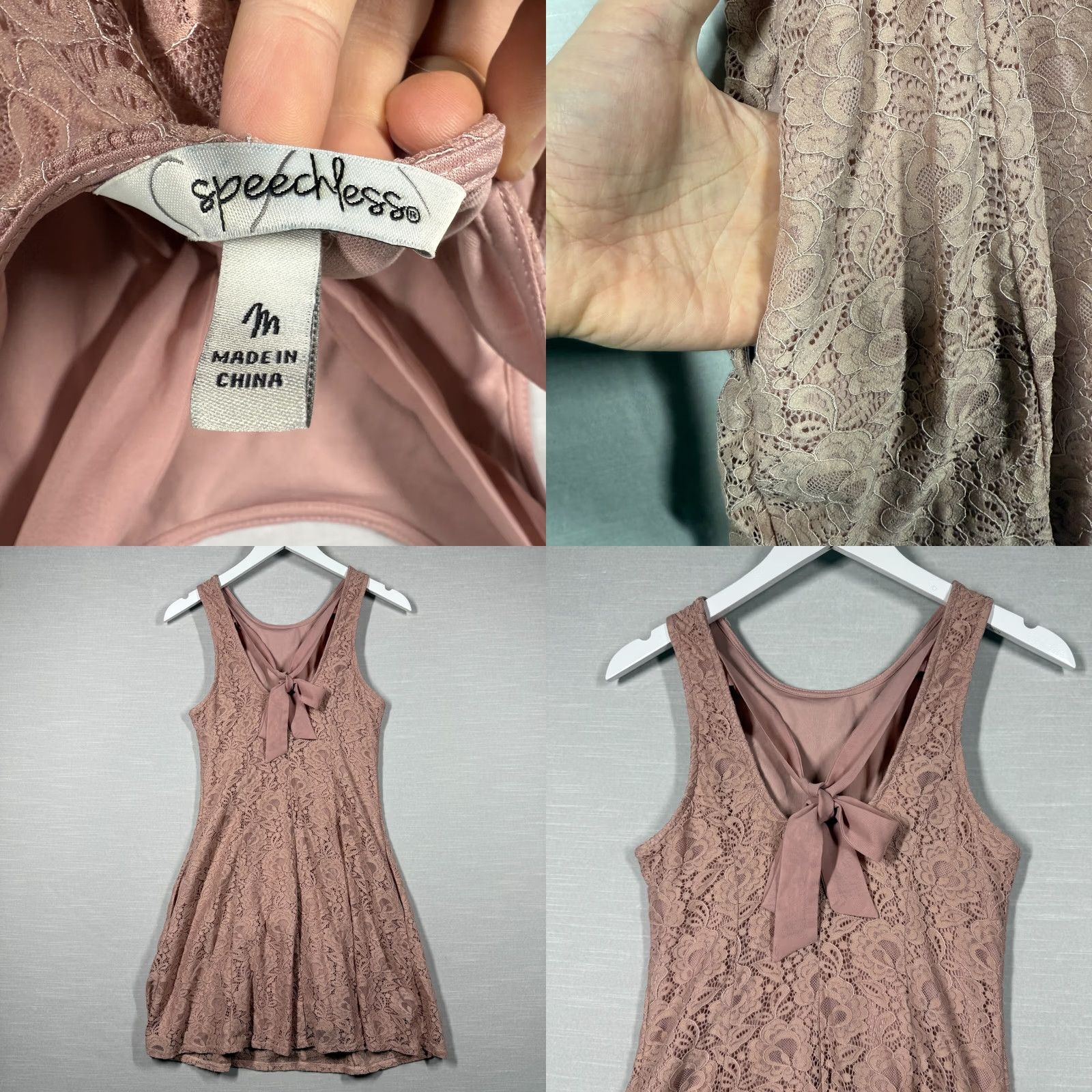 Vintage Speechless Dress Womens M Pink Lace Romantic Bow Pockets Mini Spring Easter Size M / US 6-8 / IT 42-44 - 8 Thumbnail