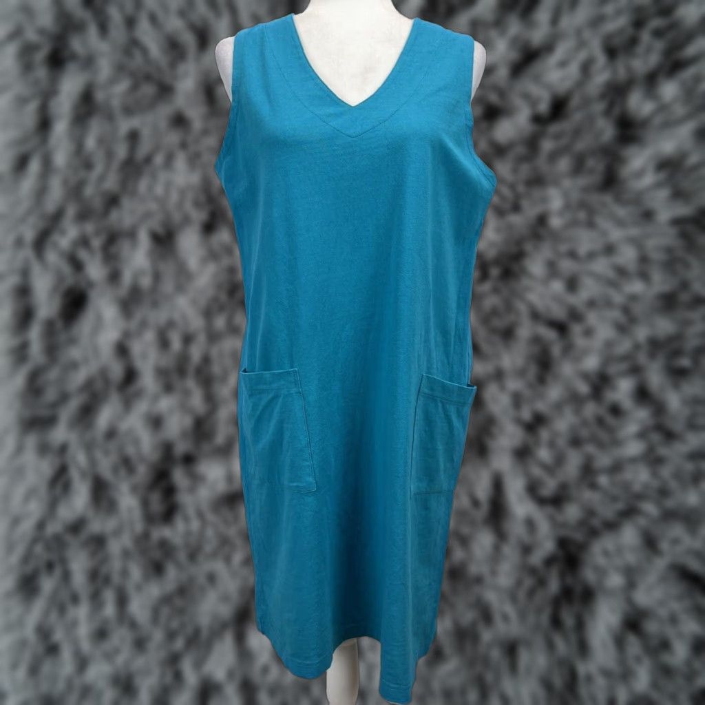 Vintage M Mac Sleeveless V-Neck Patch Pocket T-Shirt Dress Knee Length Blue Cotton Women's Medium Size M / US 6-8 / IT 42-44 - 1 Thumbnail