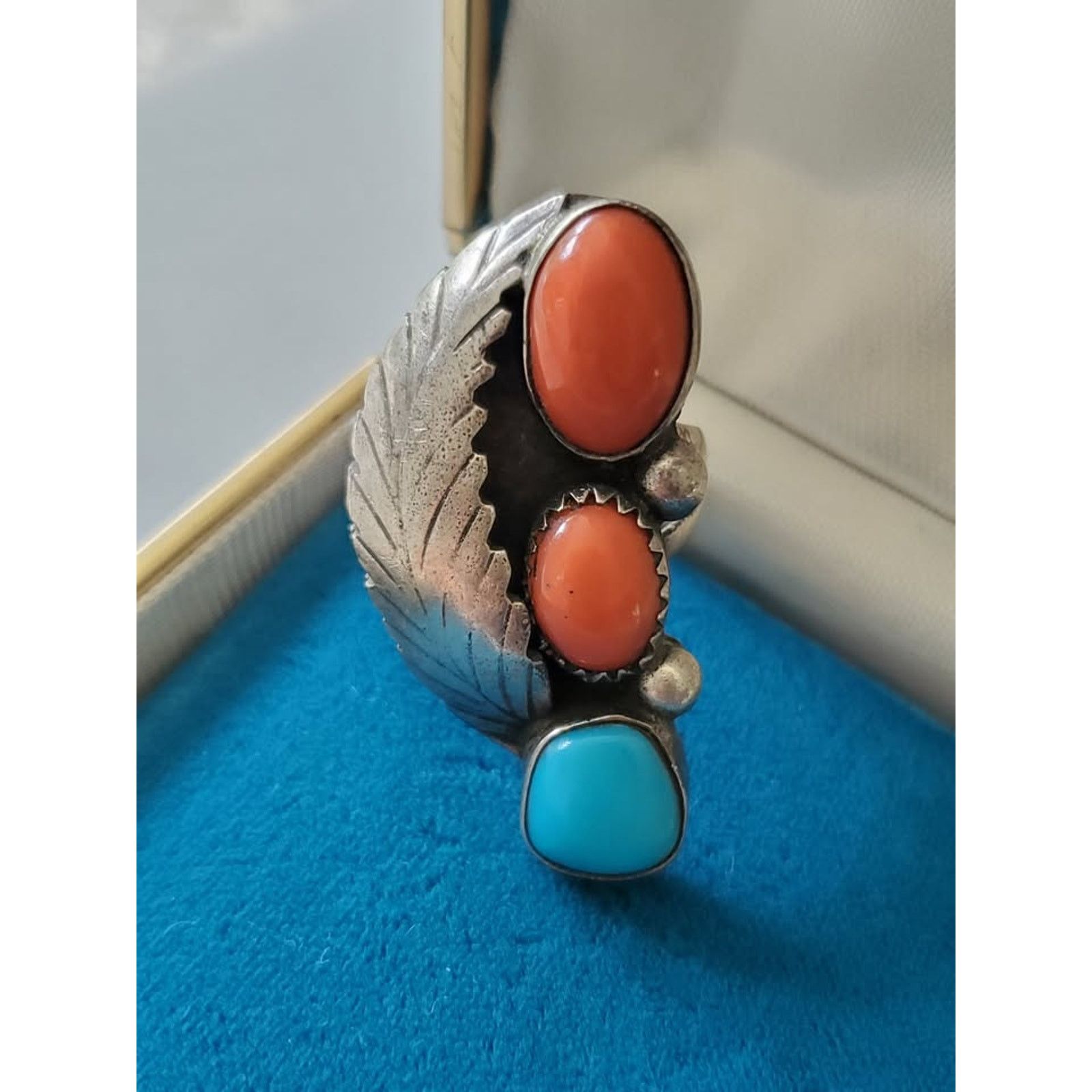 Other Vintage Turquoise and Coral Leaf Sterling Silver Ring Size ONE SIZE - 2 Thumbnail