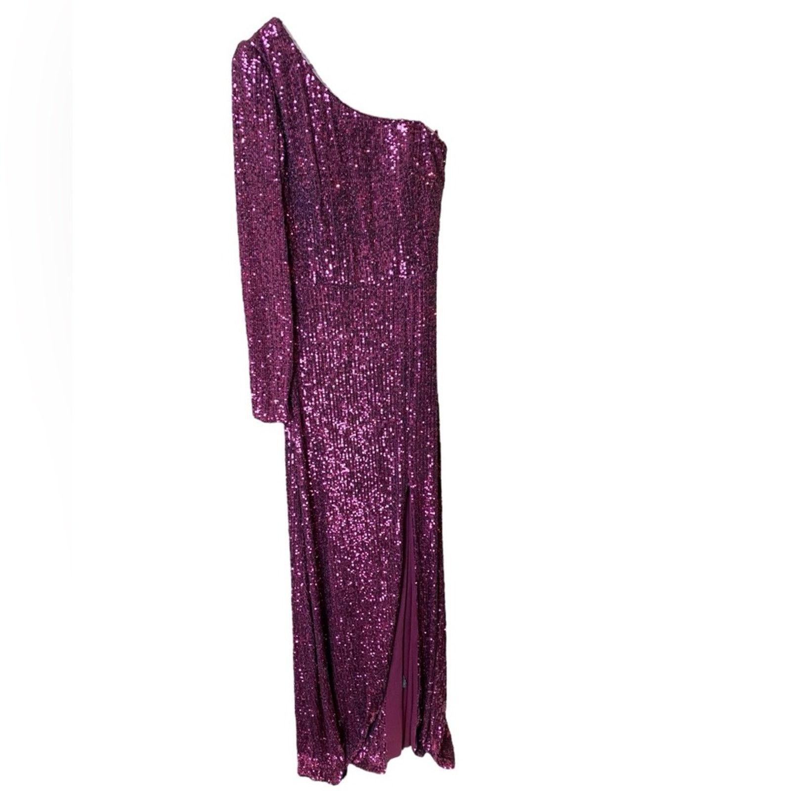 XSCAPE Sequined Long Sleeve One Shoulder Dress Gown