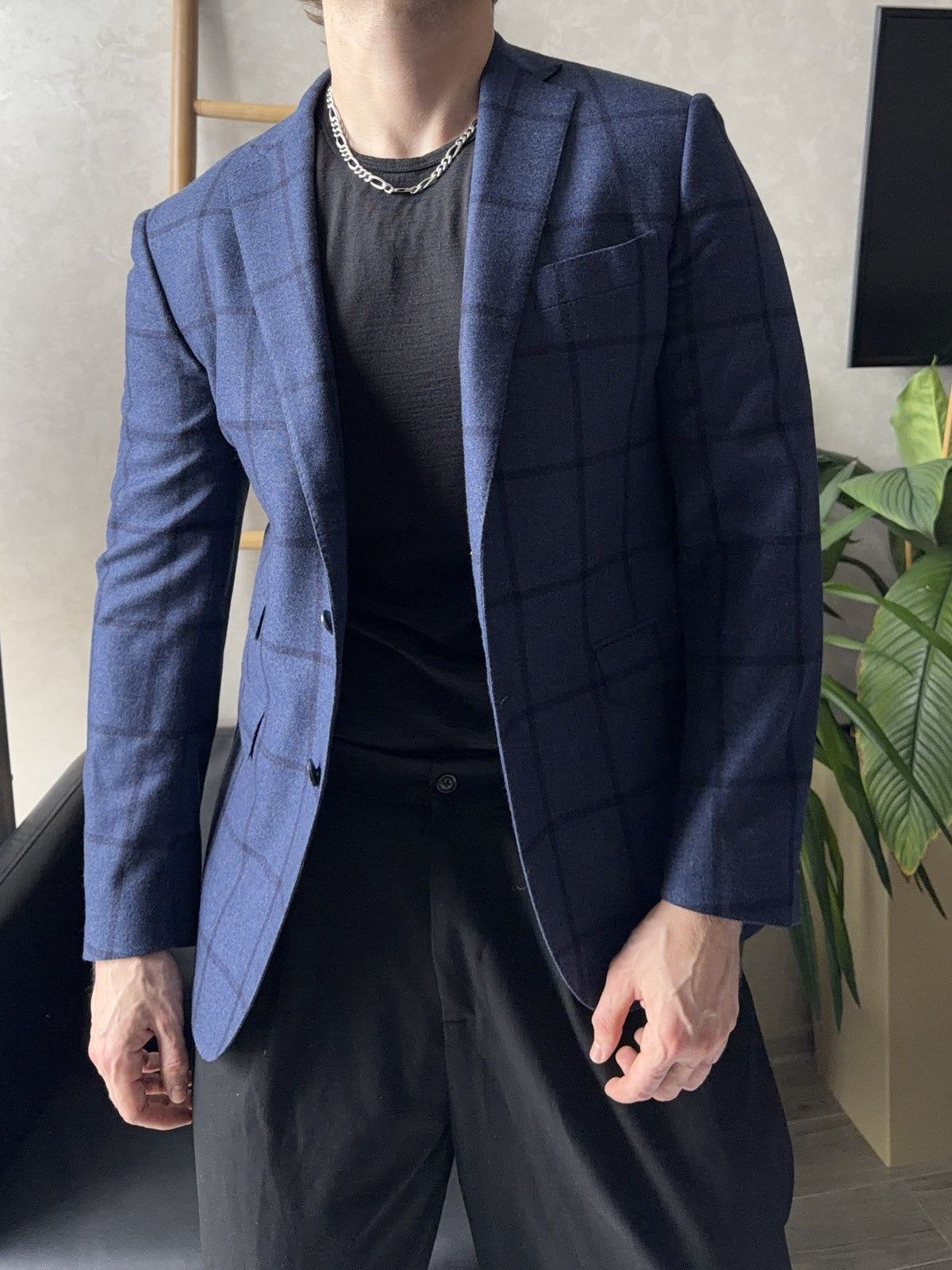Boggi Boggi Milano Italy Luxury Wool Silk Blue Navy Check Blazer Size 44S - 1 Thumbnail