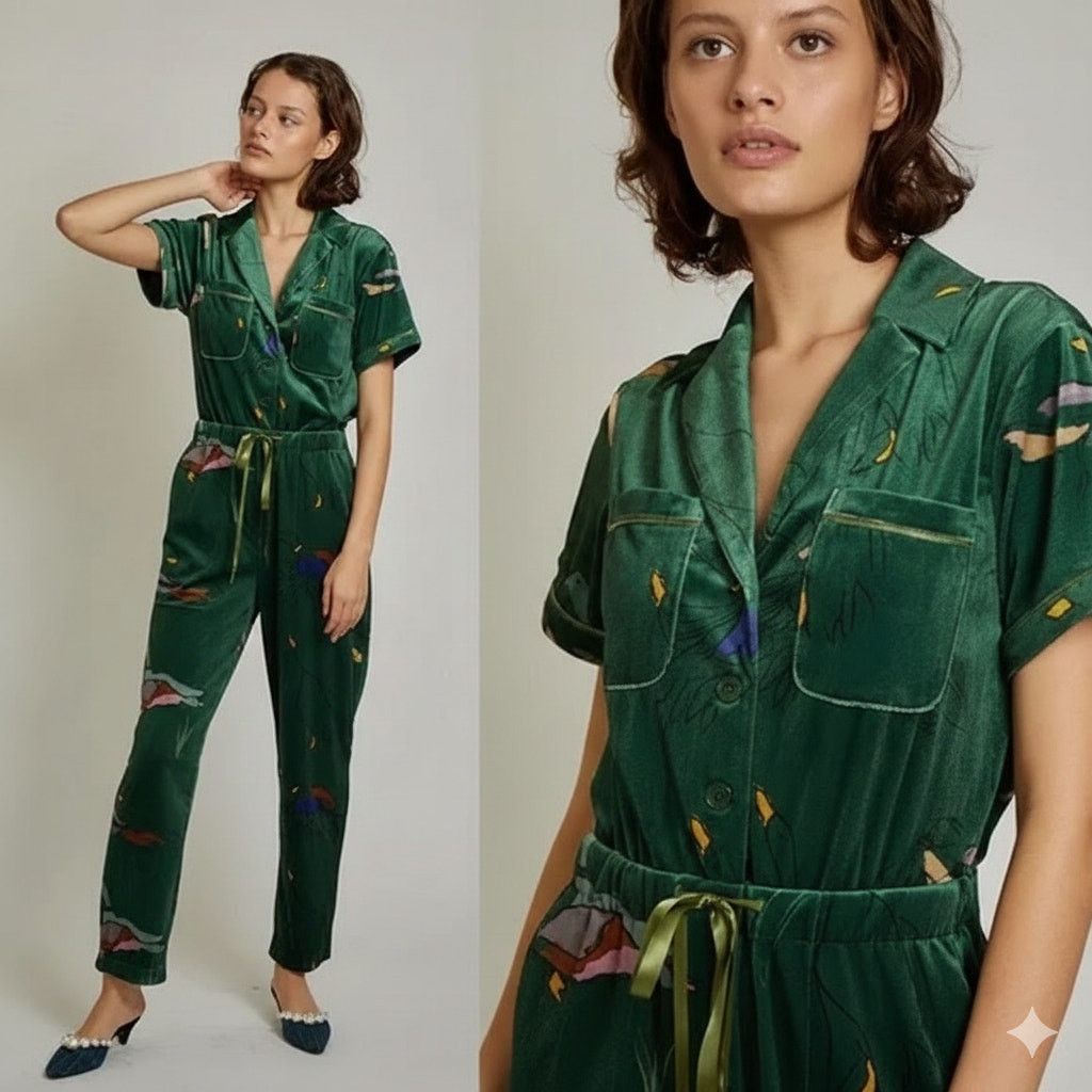 Rachel Antonoff duck jumpsuit Green Velvet Short Sleeve XS
