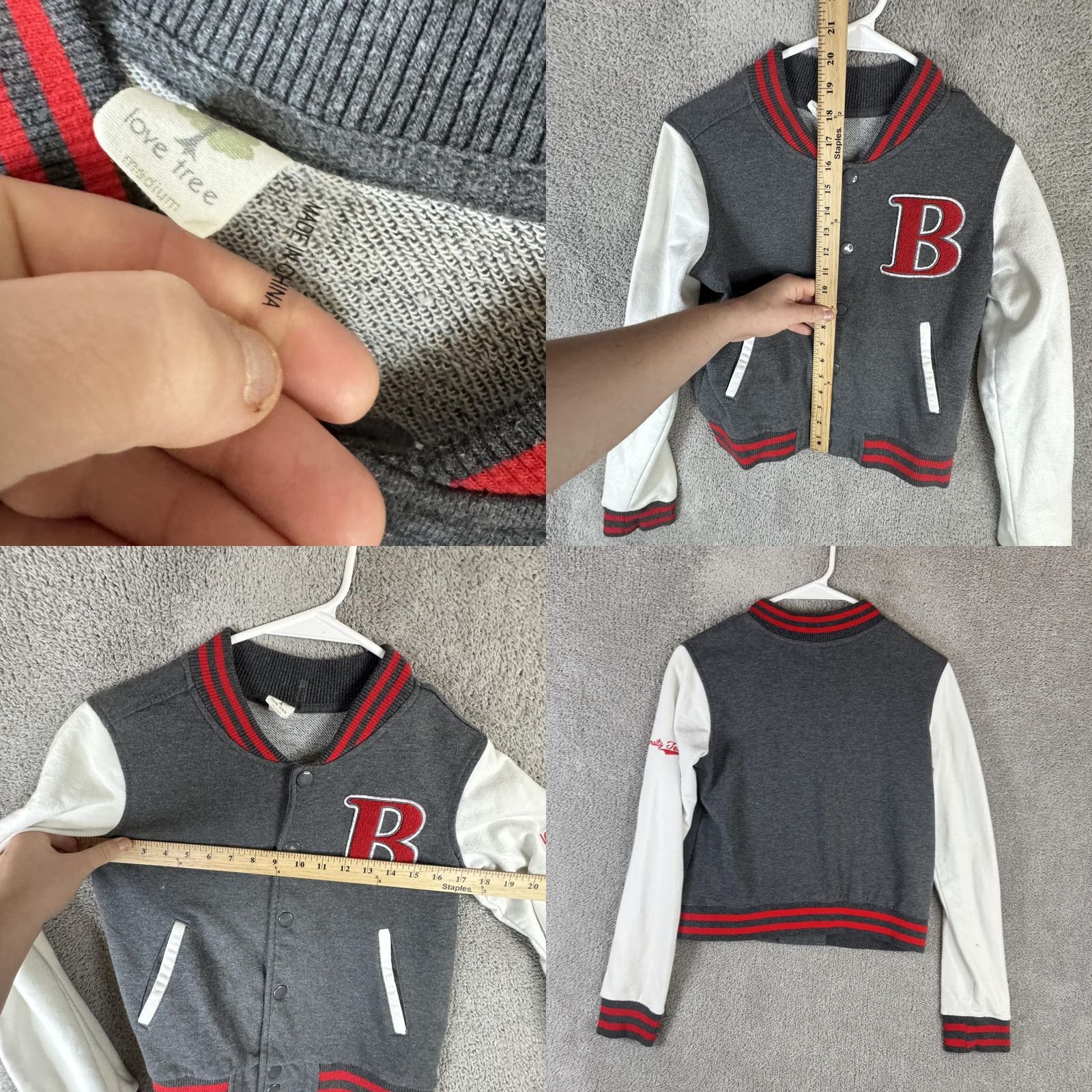 Vintage Love Tree Varsity Jacket Juniors M Gray White Letter B Snap Front Fleece Size M / US 6-8 / IT 42-44 - 9 Thumbnail