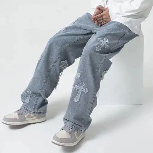 Designer Jeans with cross edges hip-hop baggy korean style y2k punk Size US 32 / EU 48 - 1 Thumbnail