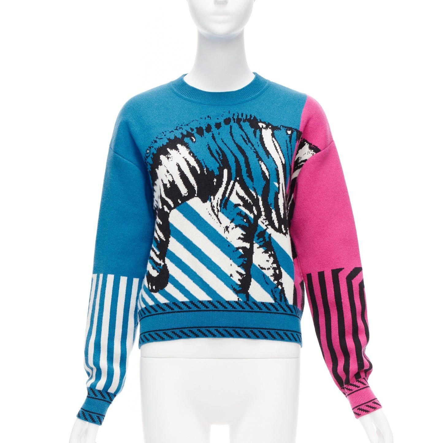 CHRISTIAN DIOR D-Jungle Pop Zebra graphic blue pink cashmere sweater FR34 S