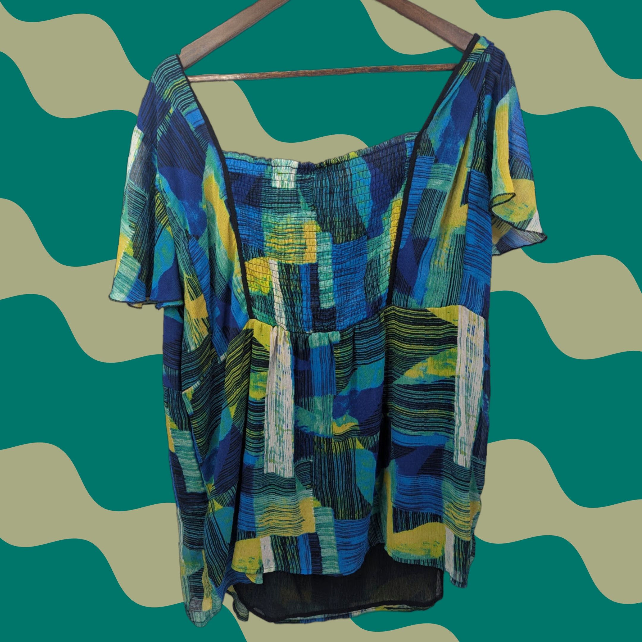 Vintage Lane Bryant Blouse Shirt Women Plus 26/28 Green Blue Short Sleeve Pullover Casual Floral Pattern Size 4XL / US 24-26 - 1 Thumbnail