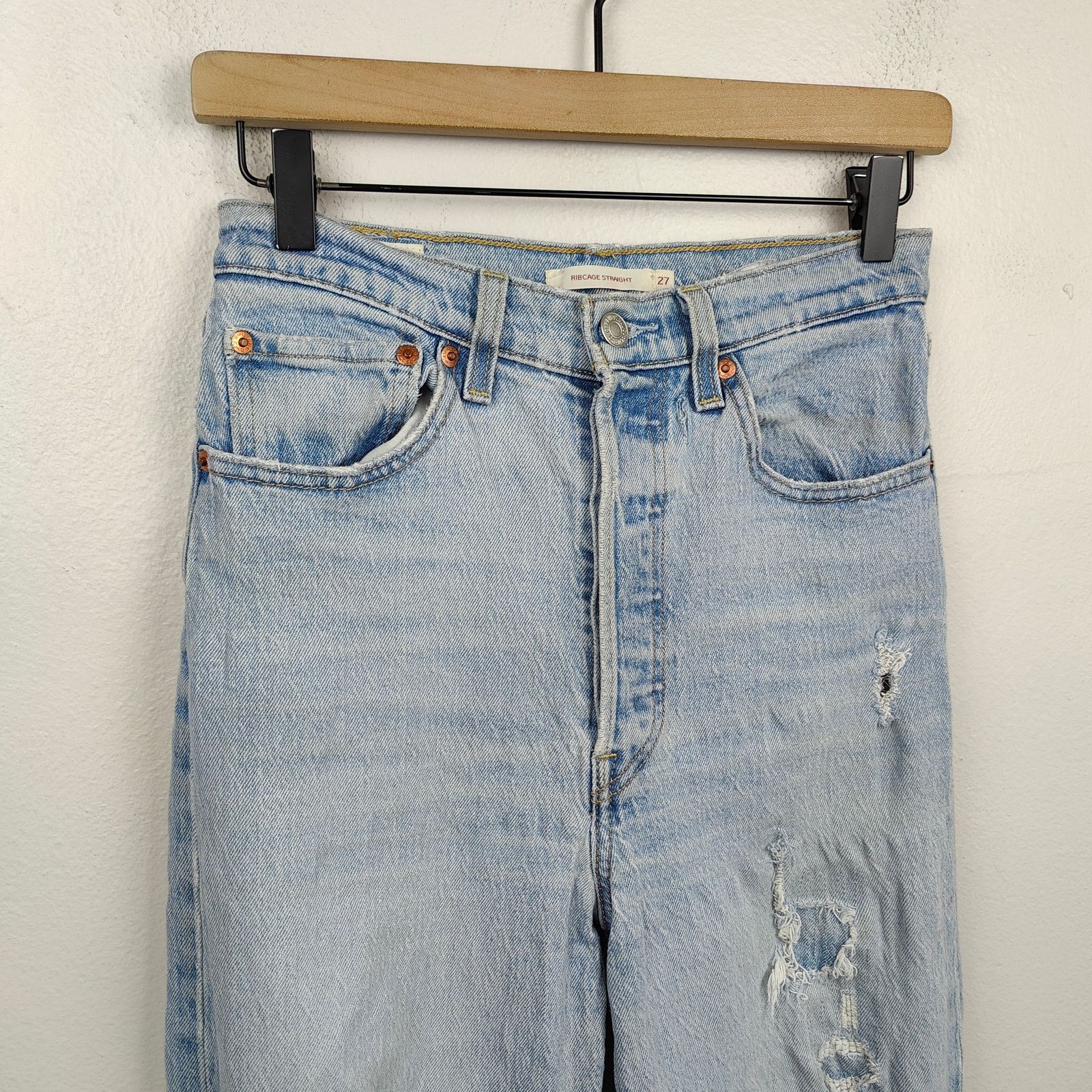 Levi's Levis Ribcage Straight Jeans Womens 27 Light Wash Knee Rips Size 27" / US 4 / IT 40 - 2 Thumbnail