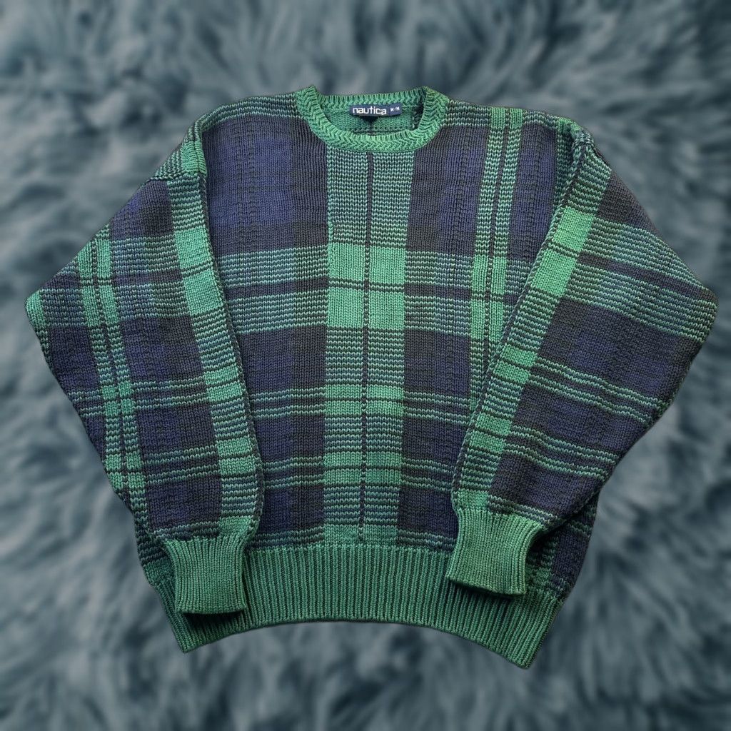 Nautica VINTAGE Nautica Sweater Mens Green Tartan Plaid Wool Knit Pullover 90s Preppy All Seasons Heavyweight Size M Size US M / EU 48-50 / 2 - 1 Thumbnail