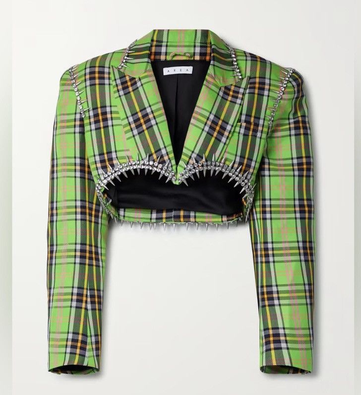 image of Area Cropped Embellished Checked Wool-Blend Blazer, Women's (Size XS)