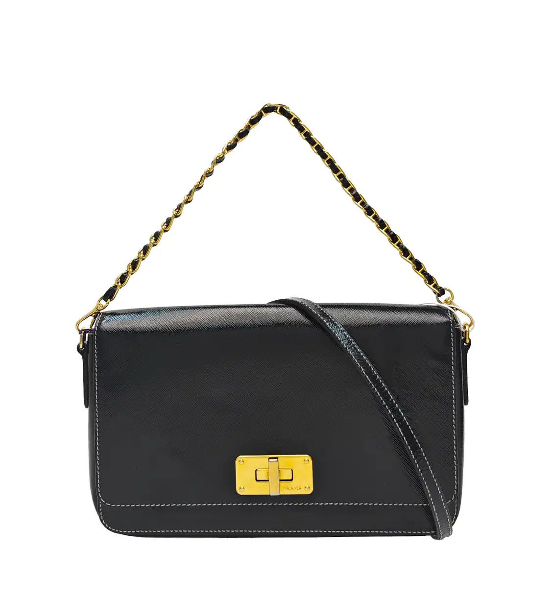 Prada PRADA black cowhide leather cross pattern shoulder bag handbag gold hardware 2 s Size ONE SIZE - 1 Thumbnail