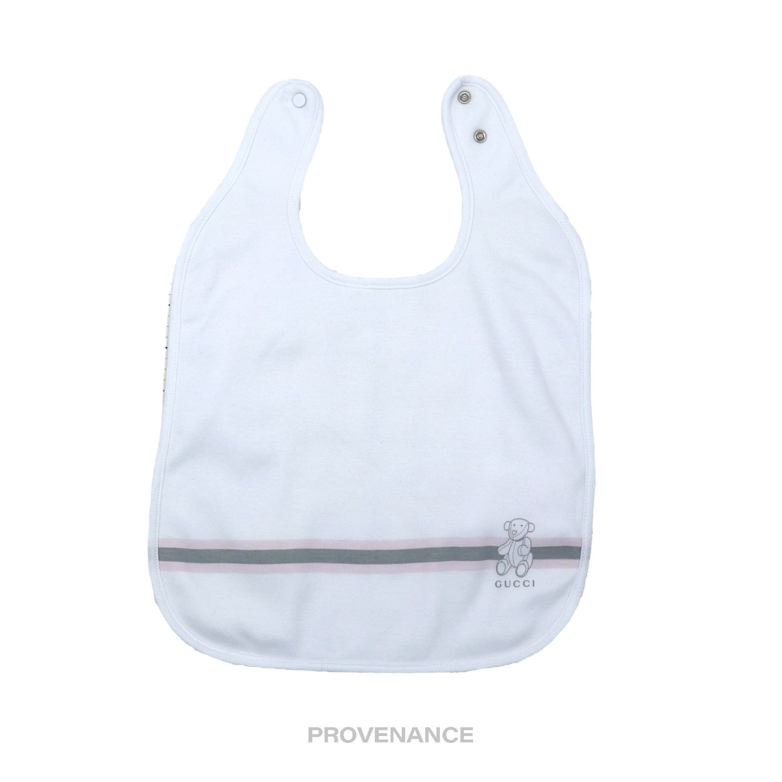 Gucci 🔴 Gucci Baby Bib - Teddy Bear Web Stripe White Pink Grey Size ONE SIZE - 1 Thumbnail