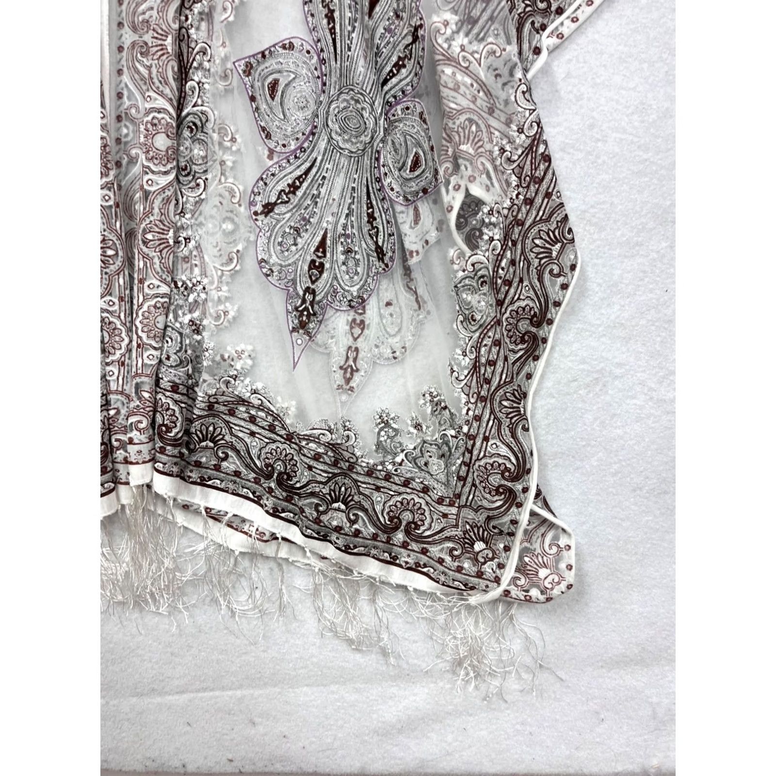 Vintage David And Young Paisley Sheer Fringe Kimono Cardigan Womens OS One Size White Polyester Rayon Blouse Open Front Fringe Shawl 90s? Size ONE SIZE - 7 Thumbnail