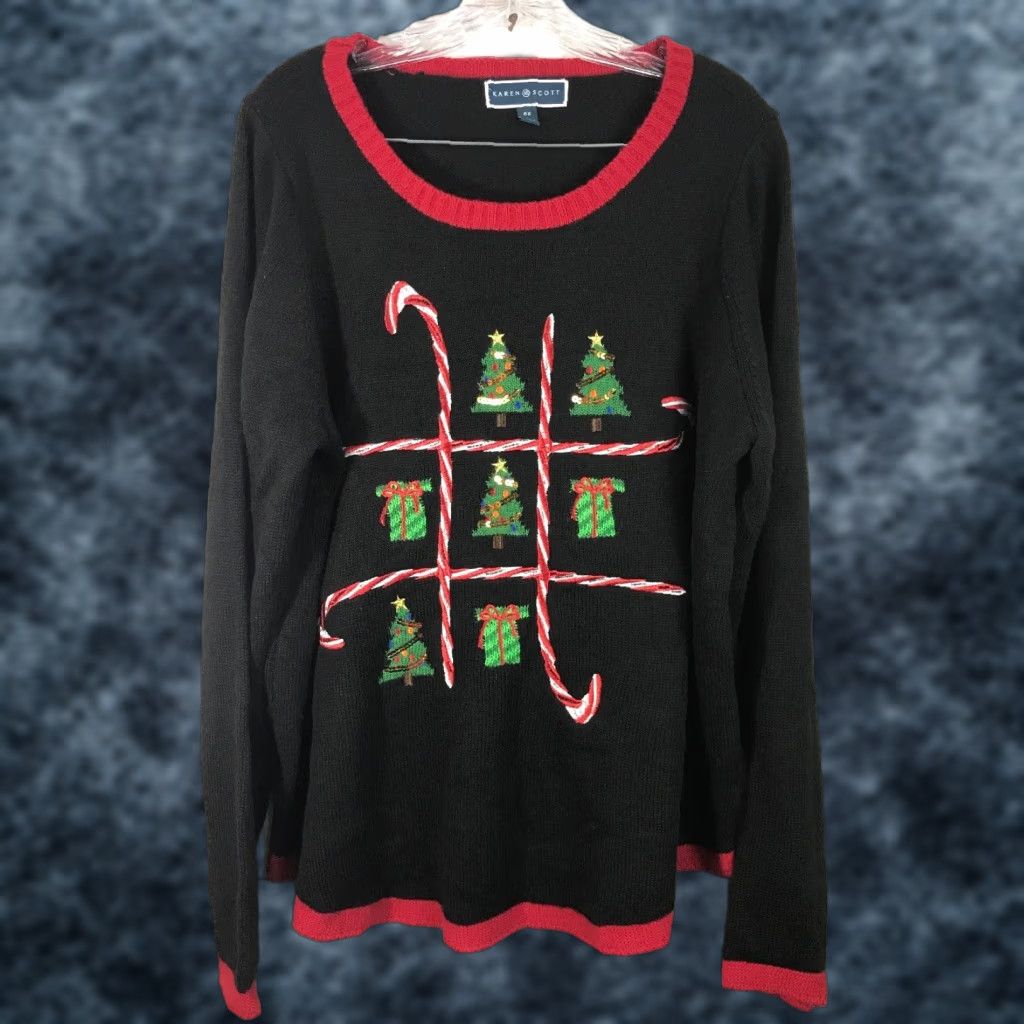 Vintage Karen Scott Christmas Sweater Womens 0X Black Trees Candy Cane Embroidered Knit Pullover Geometric Bow Sequin Classic Holiday Season Mens? Size XL / US 12-14 / IT 48-50 - 1 Thumbnail