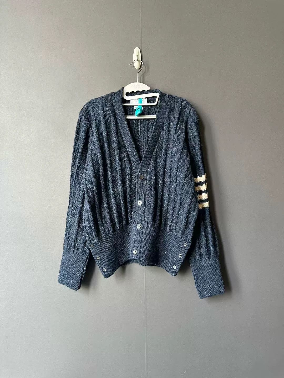thom browne navy cardigan sweater for men