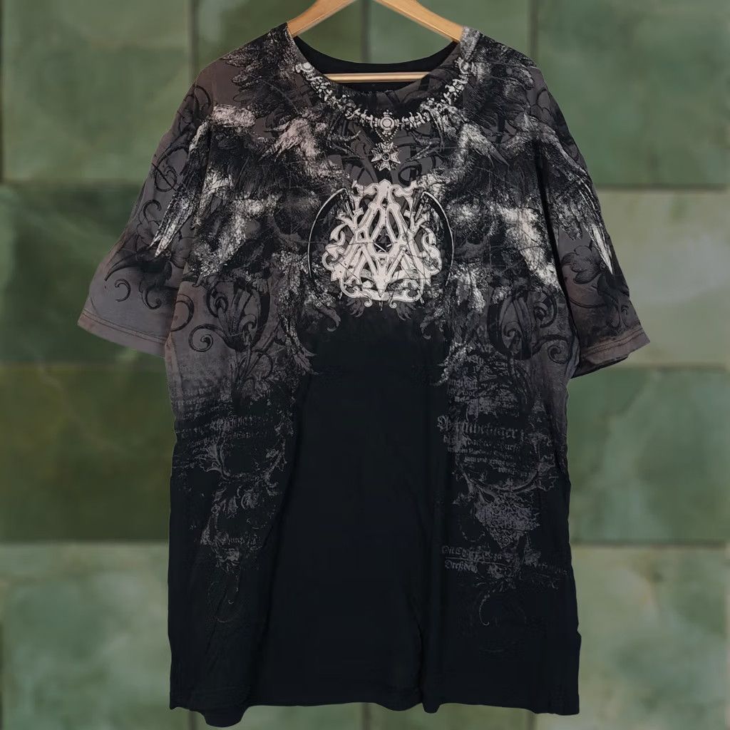 VINTAGE Archaic by Affliction Shirt Mens 3XL Black Gothic Angel Wings Graphic Tee
