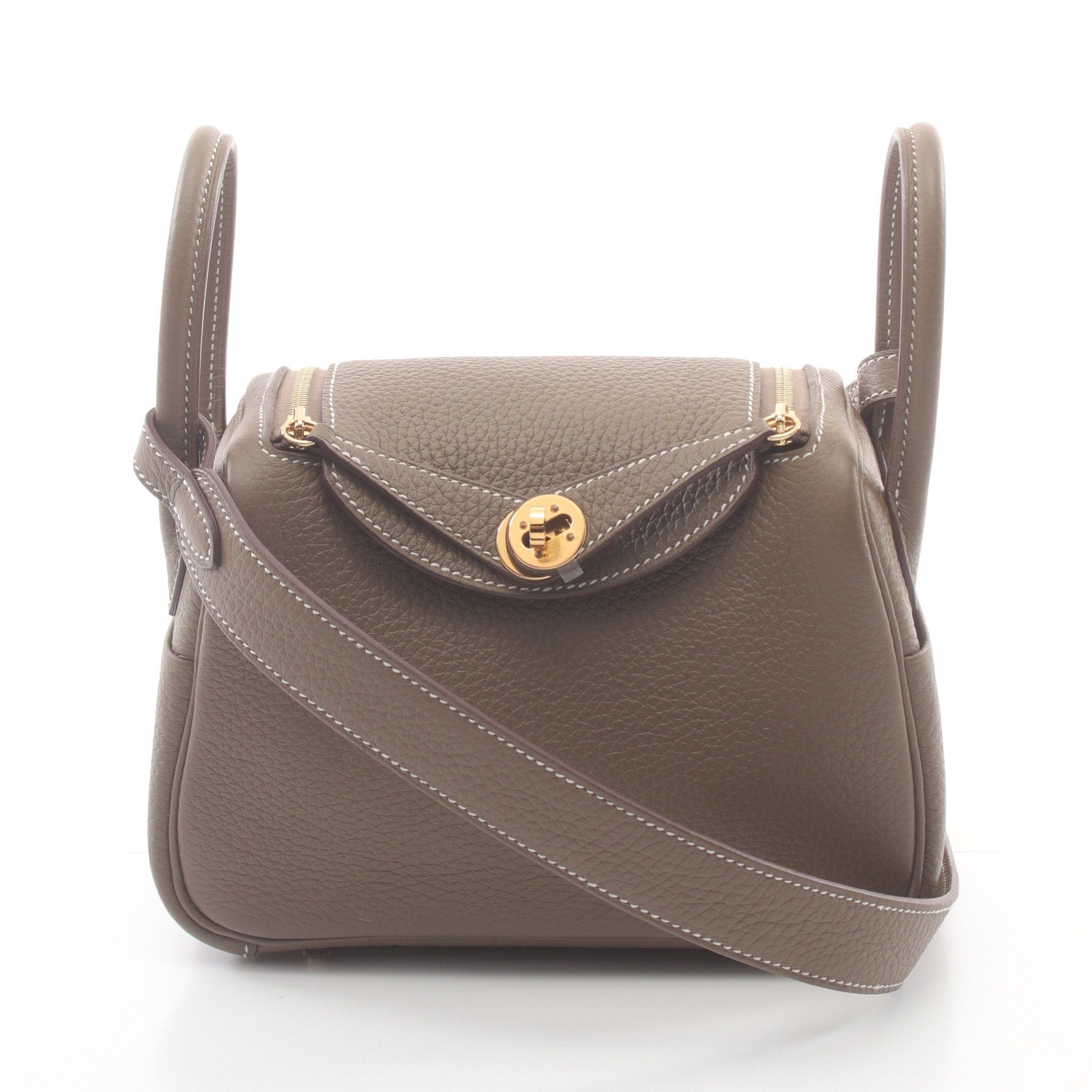 Hermes Hermes Lindy Mini Shoulder Bag Clemence Leather Gray Brown Gold Hardware Double Engraved Size ONE SIZE - 1 Thumbnail