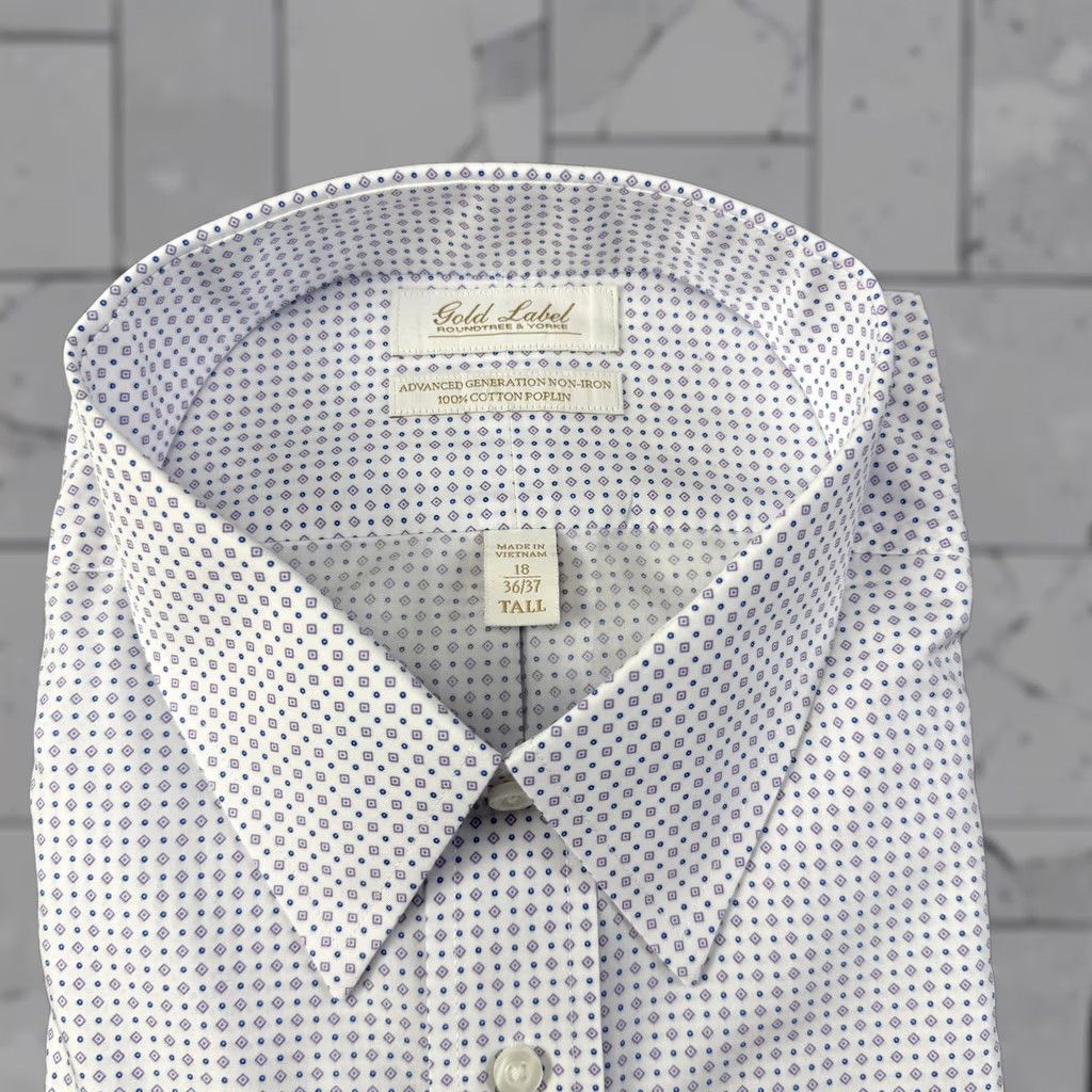 Roundtree & Yorke VINTAGE Roundtree & Yorke Gold Label Shirt Mens 18 36/37 Tall White Geometric Non-Iron Purple Accent Mens Size US XXL / EU 58 / 5 - 1 Thumbnail