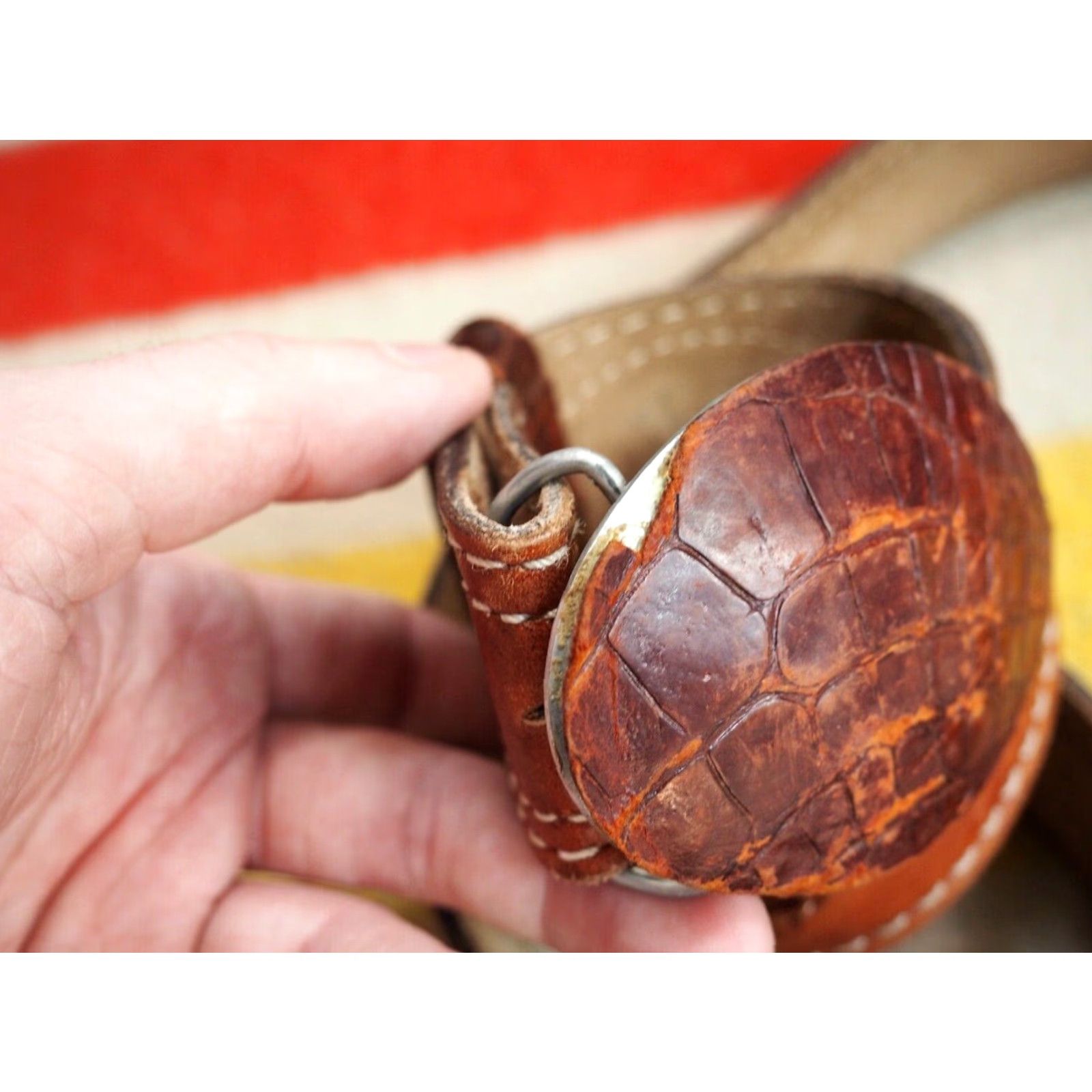 Vintage VTG Brown Leather Tooled Western Cowboy Faux Crocodile Alligator Belt 42W Unbranded Unisex Adult Leather Rockabilly Casual Size ONE SIZE - 6 Thumbnail