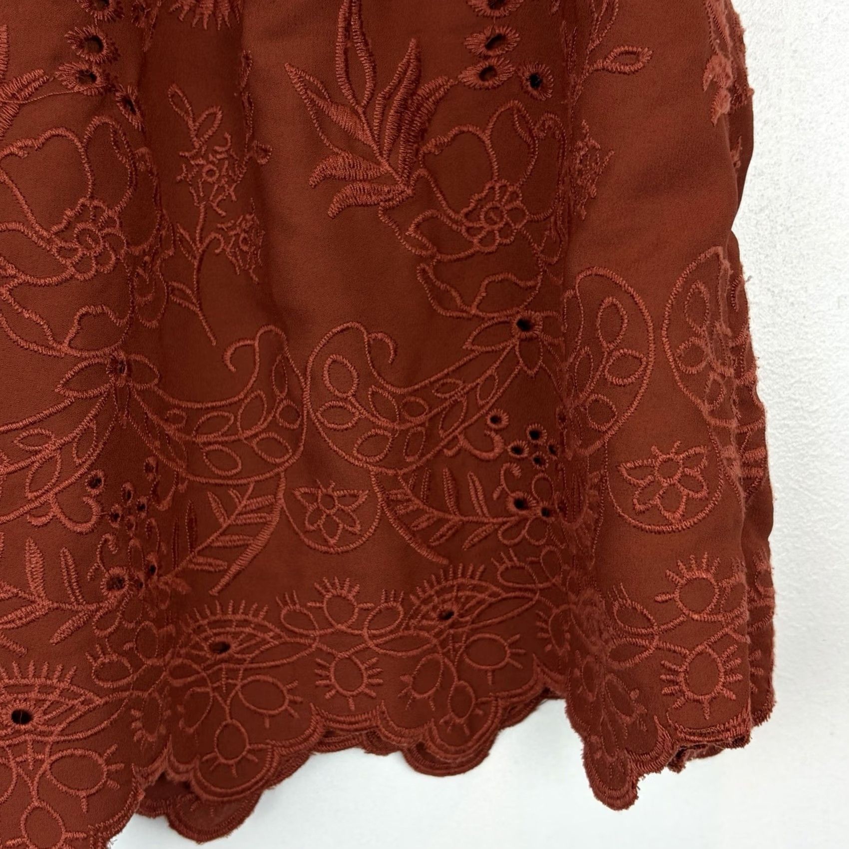 Loft LOFT Embroidered Mini Skirt Womens M Orange Elastic Waist Scalloped Hem Short Bohemian Flower Retro Pattern Size 32" / US 10 / IT 46 - 7 Thumbnail