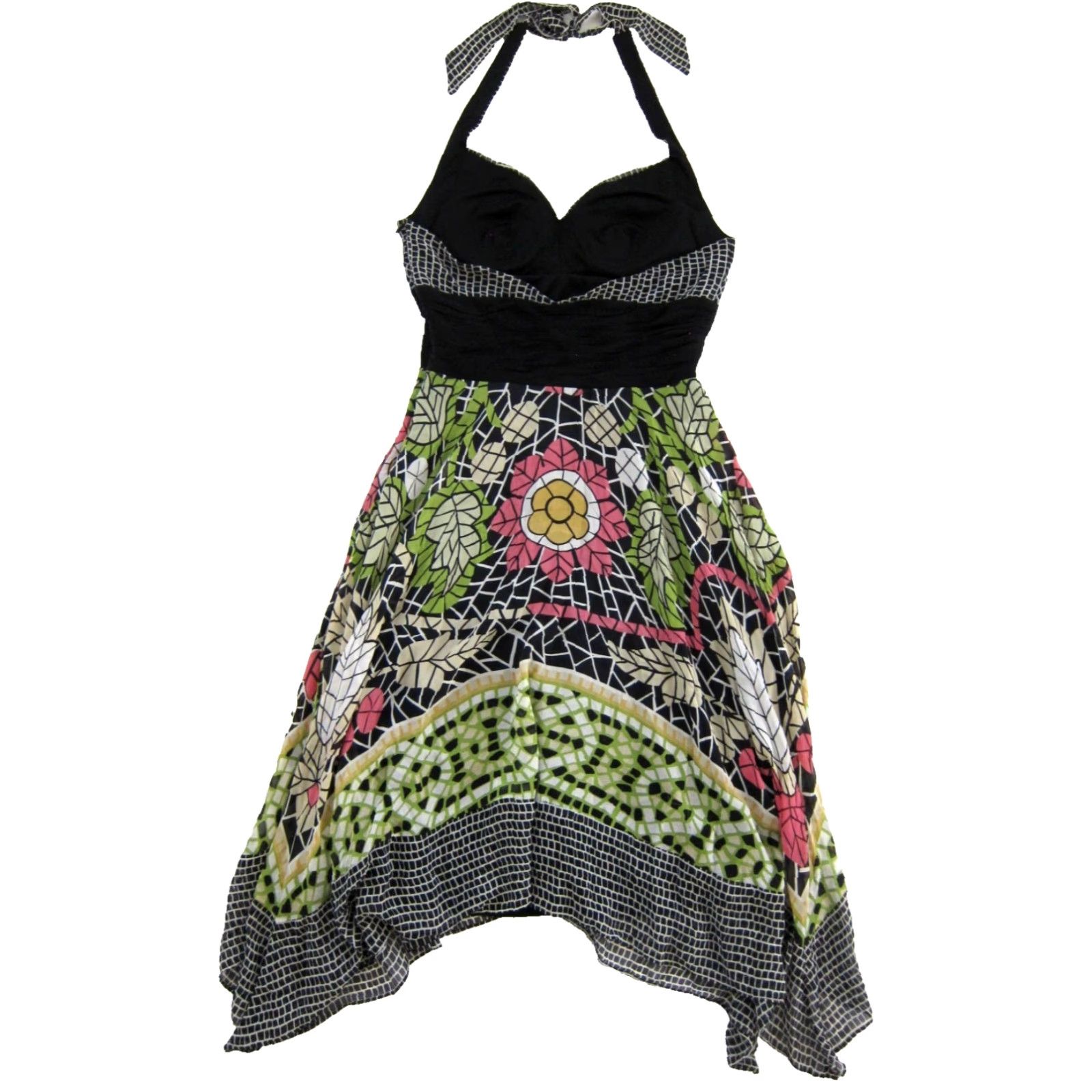 Pinko SANGRIA 100% Silk Black Green Pink Floral Checkered Halter Midi Tank Dress 10 Size L / US 10 / IT 46 - 2 Thumbnail