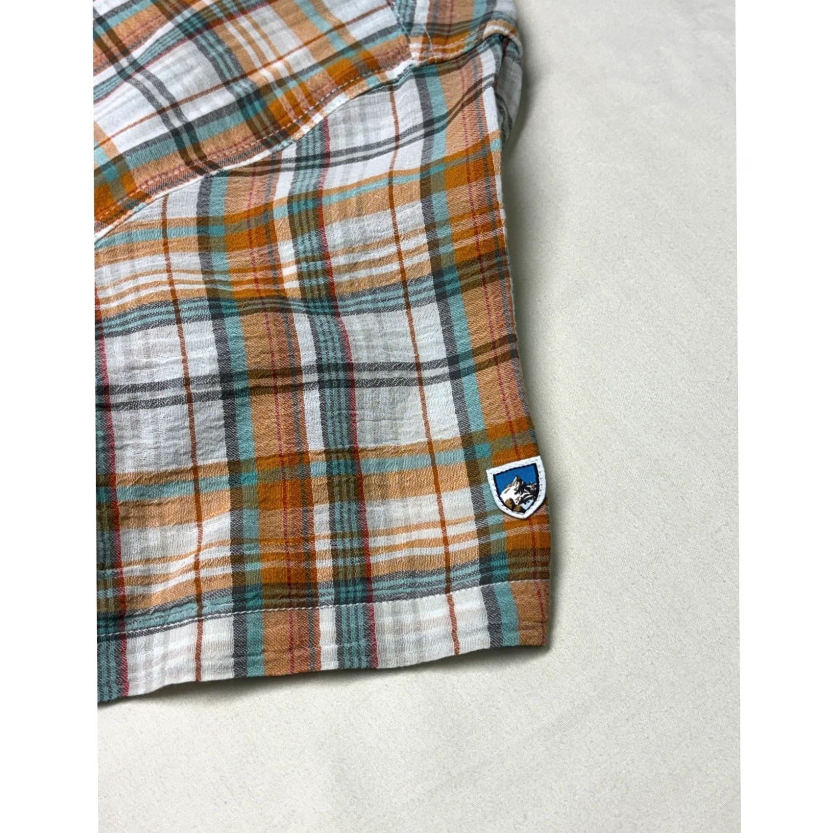 Altea Kuhl Mens Large Orange Teal Plaid Organic Cotton Short Sleeve Button Down Shirt Size US L / EU 52-54 / 3 - 3 Thumbnail