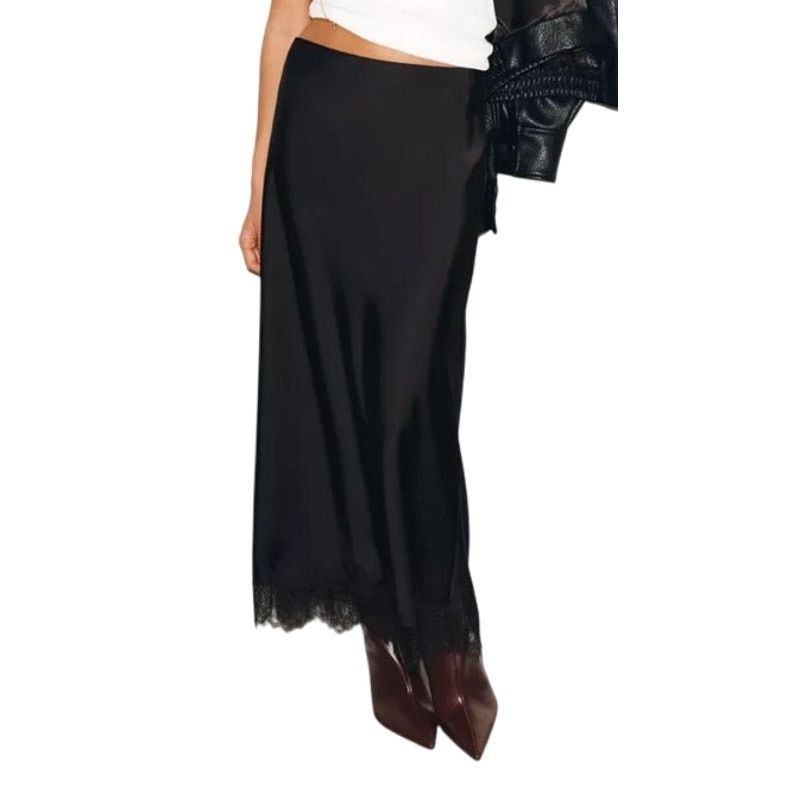 Zara Zara Womens Black Satin Effect Lace Trim Mid-Rise Midi Skirt Size 27" / US 4 / IT 40 - 2 Thumbnail